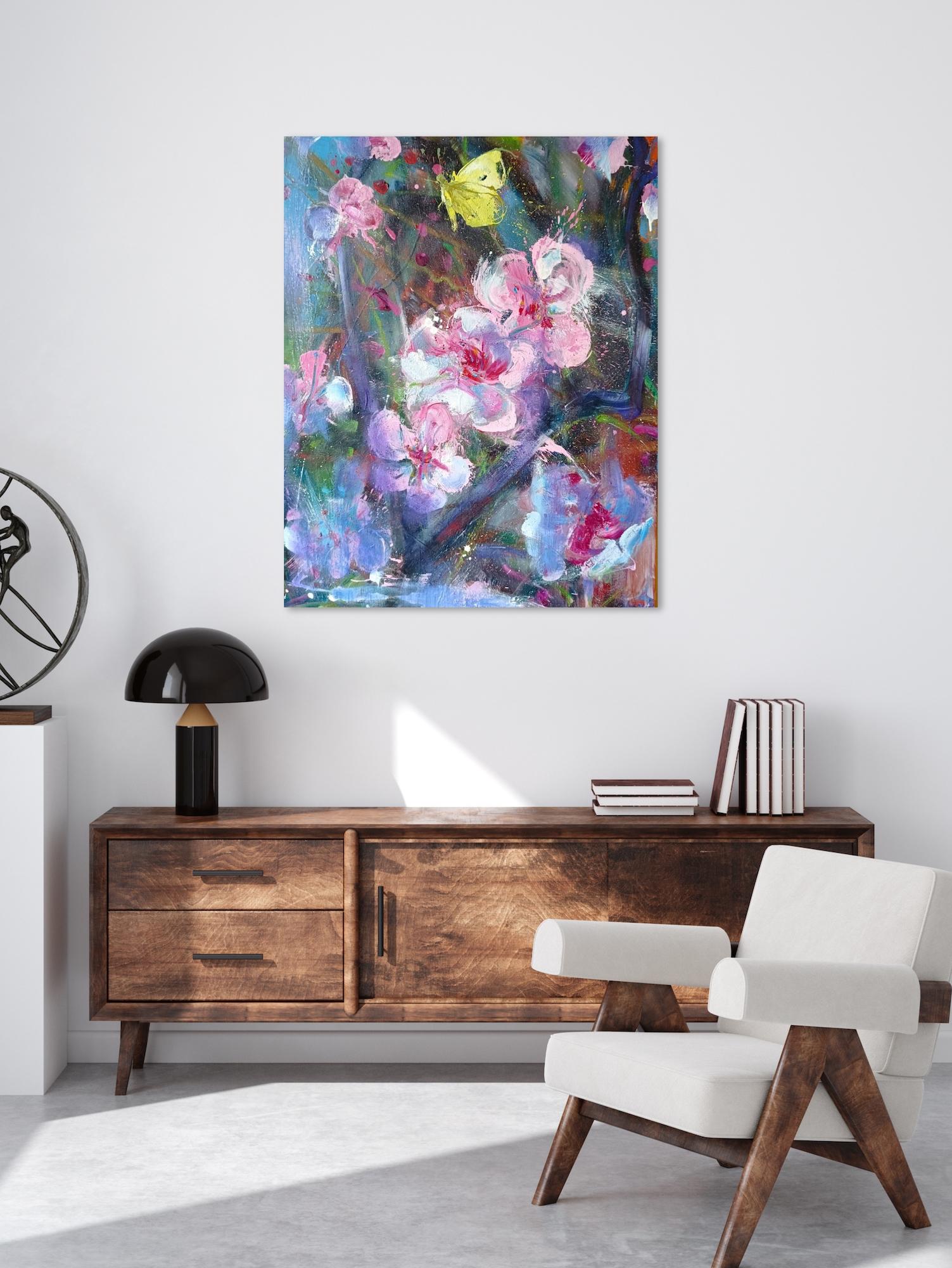 Prunus and Lemon-coloured by Christophe Dupety - Floral painting, yellow, pink For Sale 3