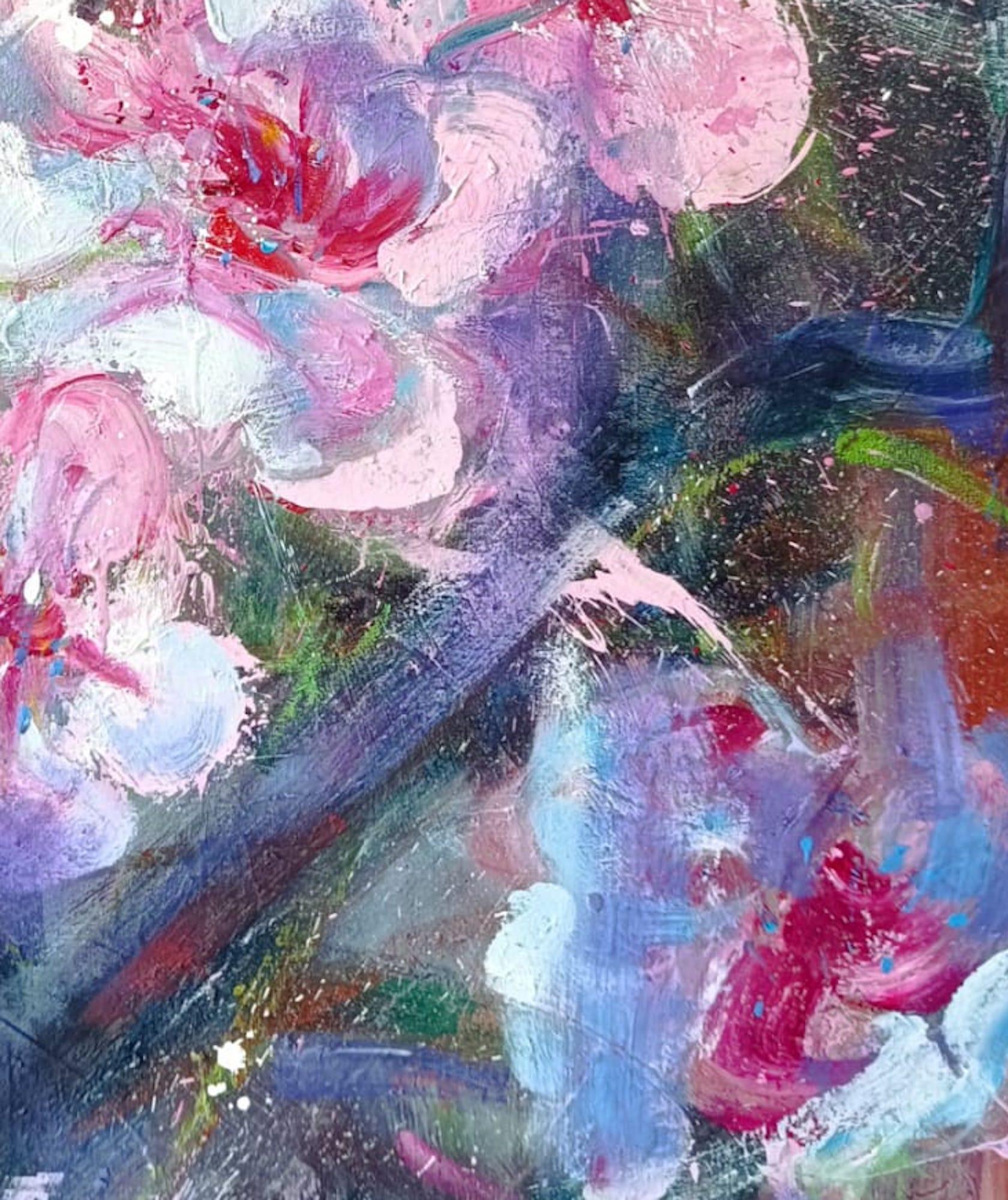 Prunus and Lemon-coloured by Christophe Dupety - Floral painting, yellow, pink im Angebot 5