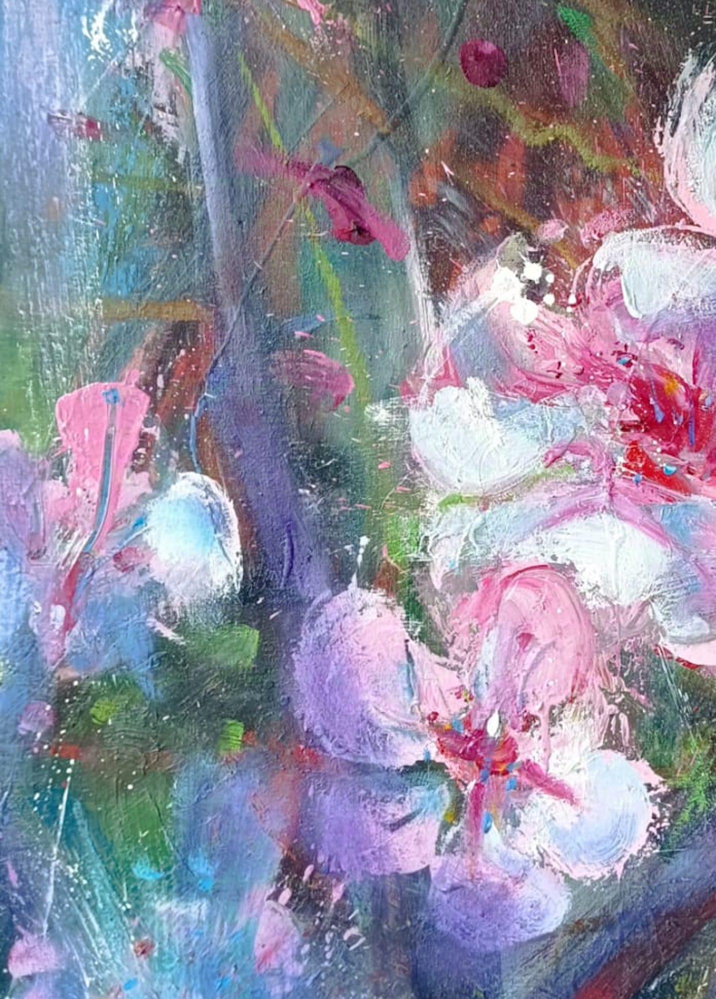 Prunus and Lemon-coloured by Christophe Dupety - Floral painting, yellow, pink im Angebot 6