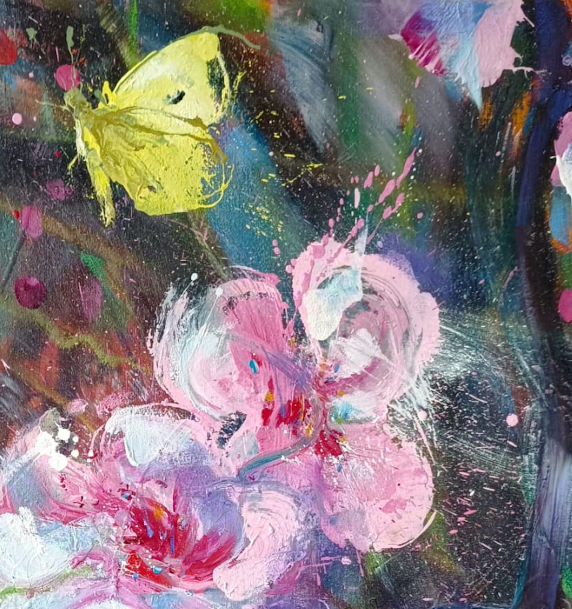 Prunus and Lemon-coloured by Christophe Dupety - Floral painting, yellow, pink im Angebot 7