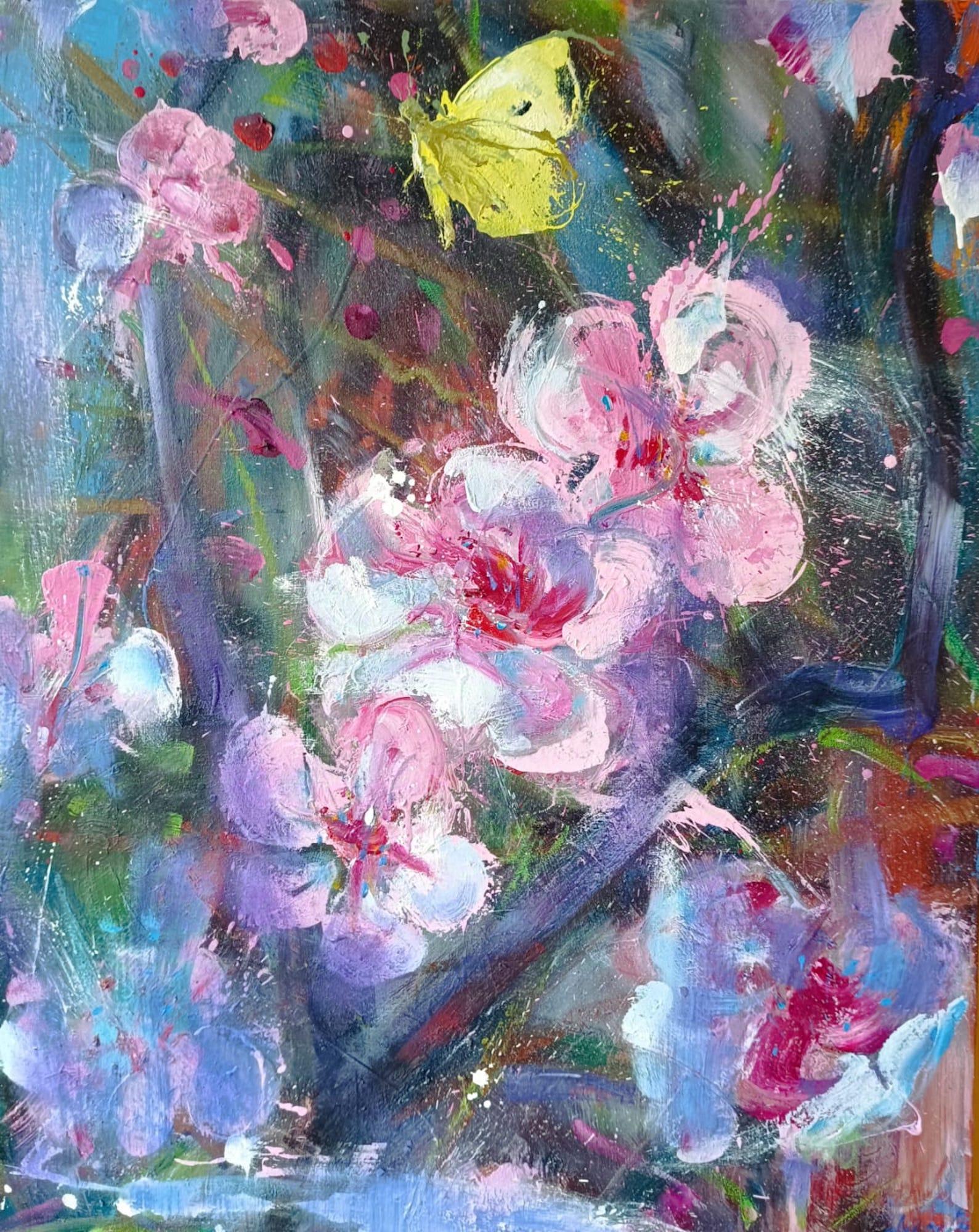 Prunus and Lemon-coloured by Christophe Dupety - Floral painting, yellow, pink For Sale 8