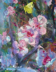 Prunus et citron par Christophe Dupety - Peinture florale, jaune, rose