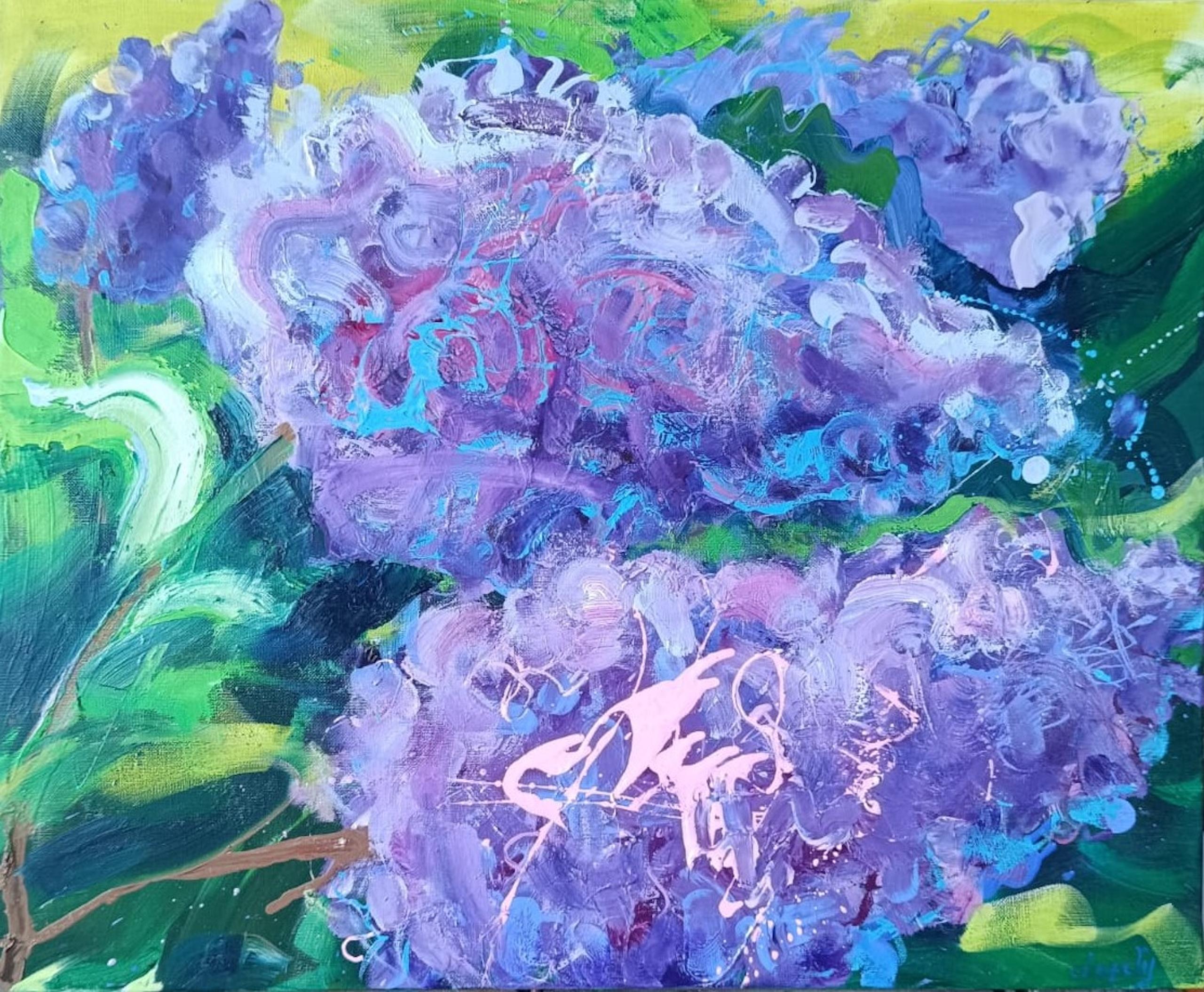 Reclining Lilacs by Christophe Dupety - Contemporary Colorful Painting, Flowers