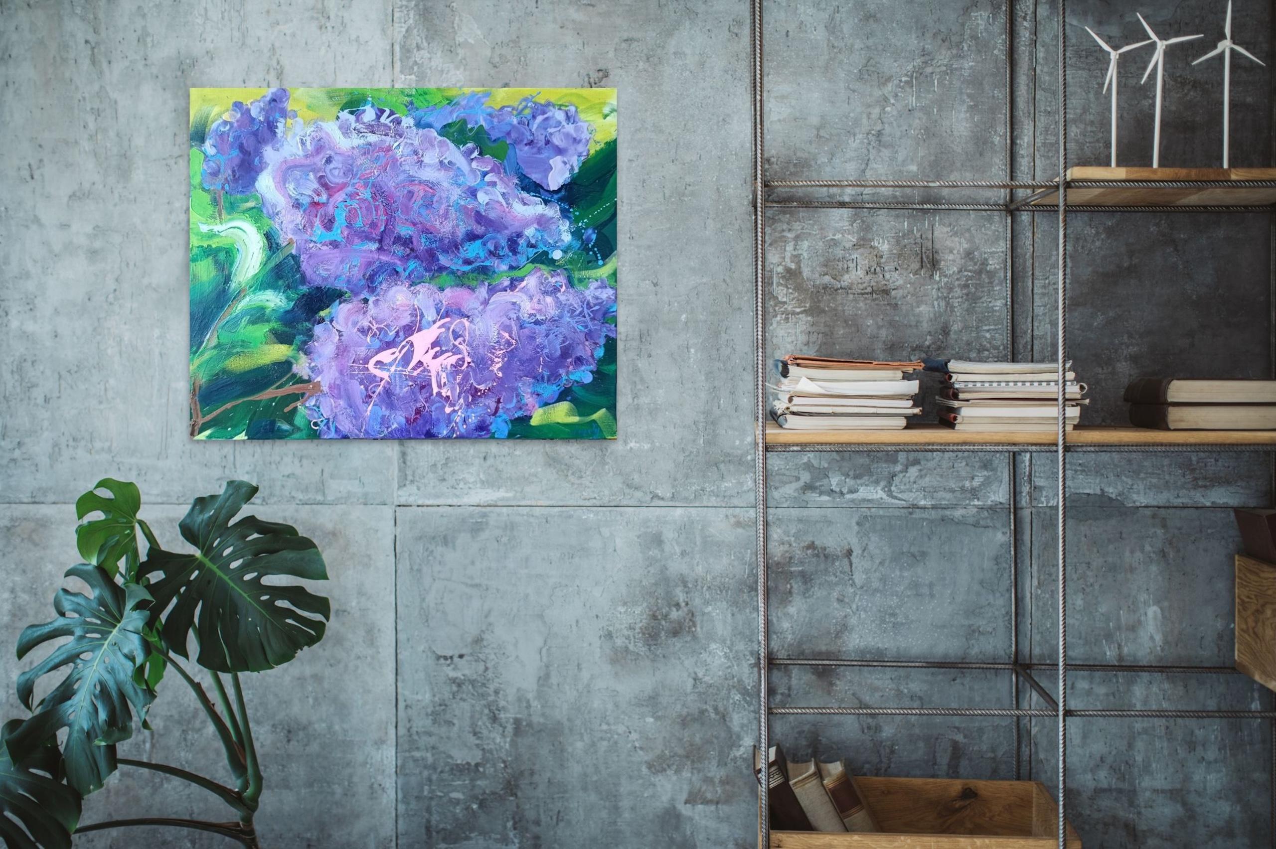 Reclining Lilacs by Christophe Dupety - Contemporary painting, flora, colors For Sale 1