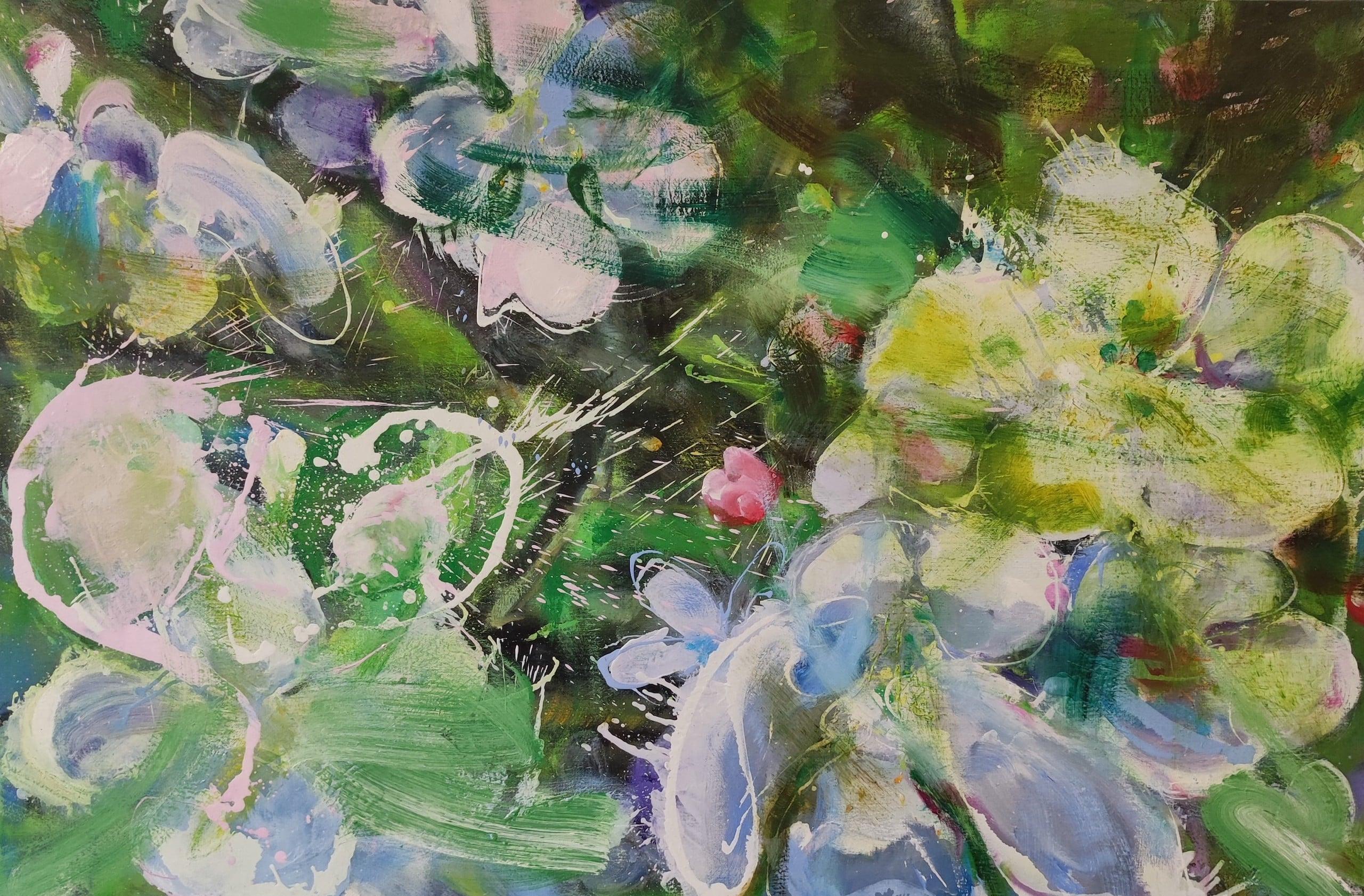 Spring (2023) des französischen zeitgenössischen Künstlers Christophe Dupety. Öl auf Leinwand, H 80 cm  B 120 cm.
Diese Serie konzentriert sich auf florale Motive: Mohnblumen, Catalpa-Blüten oder Spindeln. Christophe Dupety ist auf der Suche nach