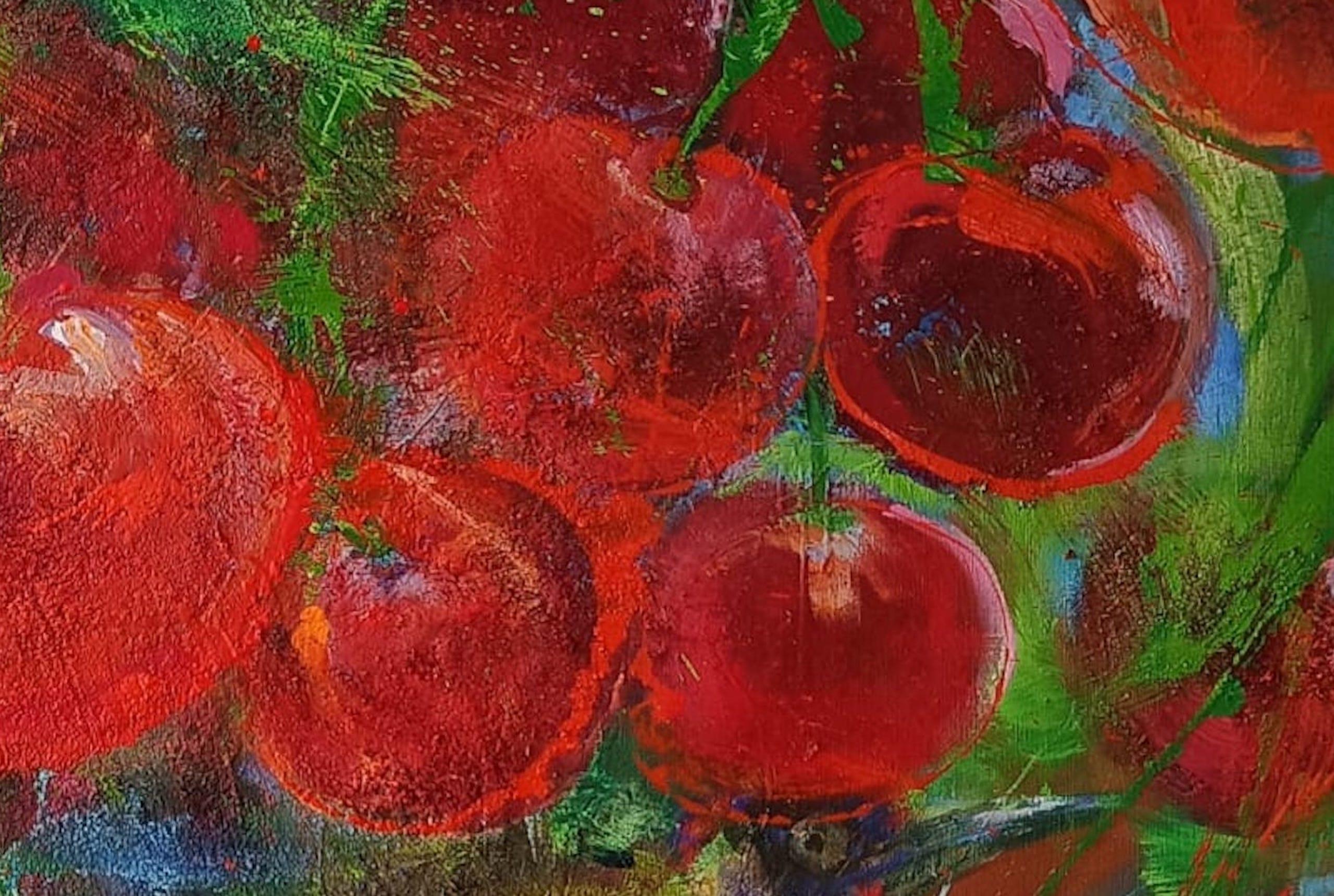 Under the Morello Cherries by Christophe Dupety - Colourful painting, berries For Sale 4