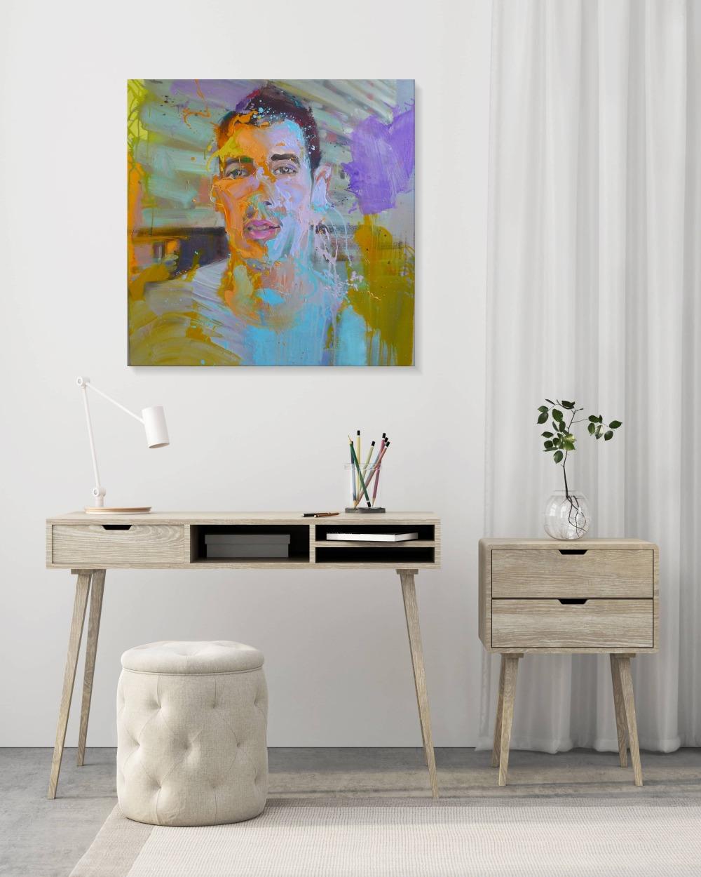 Valentin von Christophe Dupety - Porträtmalerei, junger Mann, gelb und lila im Angebot 1