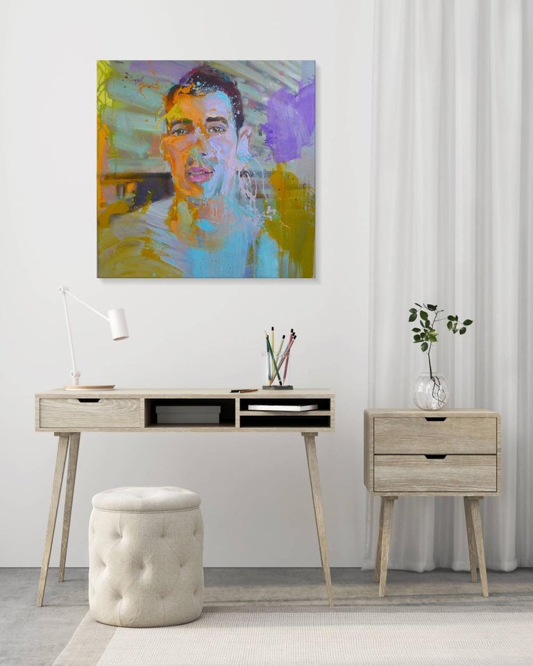 Valentin by Christophe Dupety - portrait painting, young man, yellow and purple For Sale 1