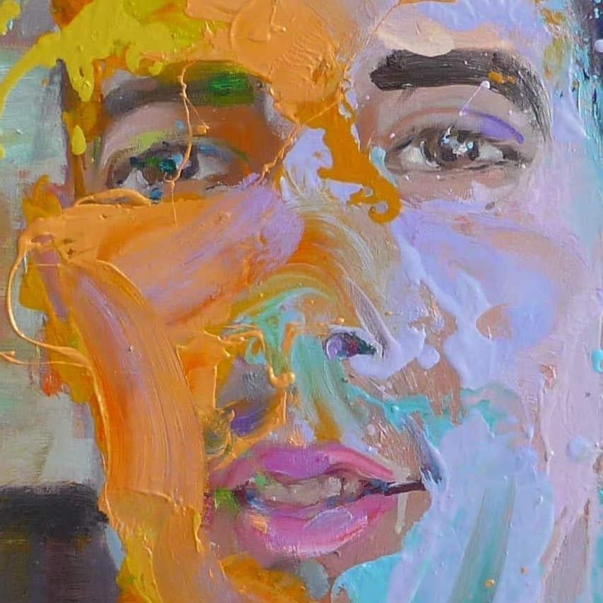 Valentin von Christophe Dupety - Porträtmalerei, junger Mann, gelb und lila im Angebot 2