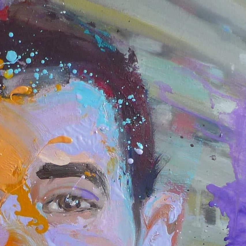 Valentin by Christophe Dupety - Portrait painting, young man, yellow and purple im Angebot 3