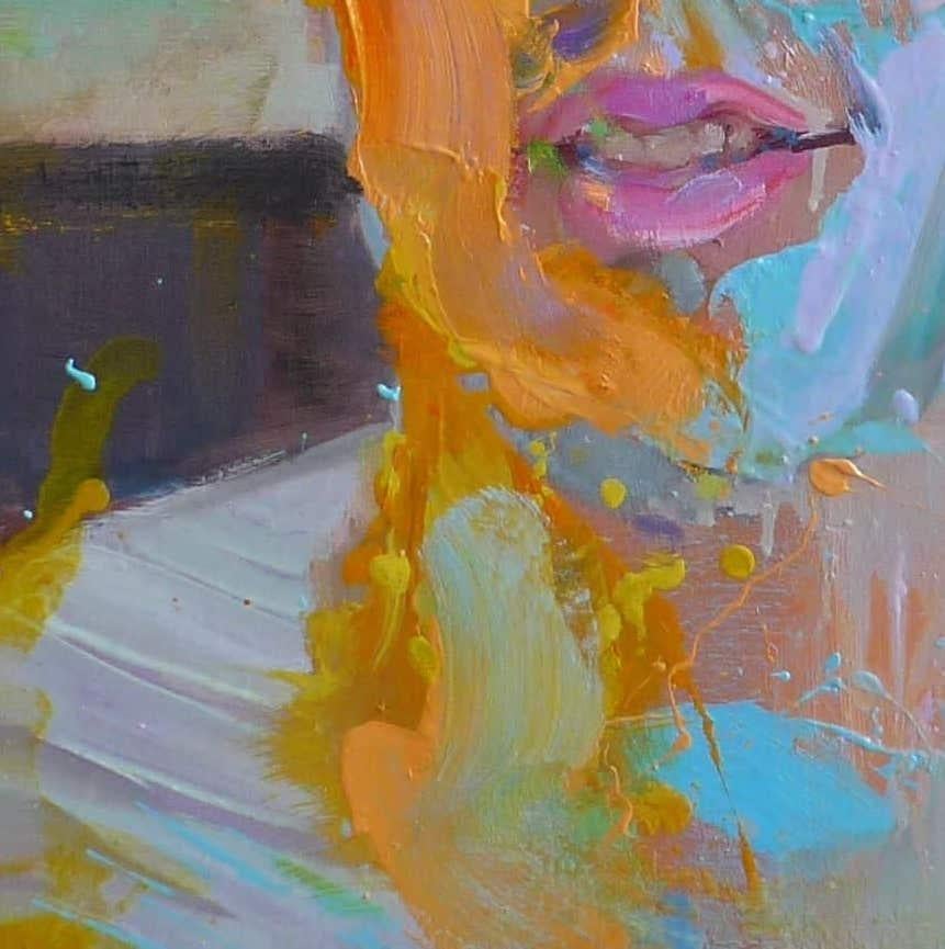 Valentin by Christophe Dupety - Portrait painting, young man, yellow and purple im Angebot 6