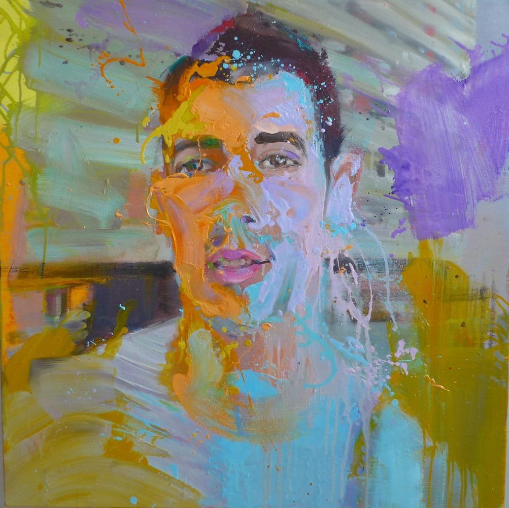 Valentin by Christophe Dupety - Portrait painting, young man, yellow and purple