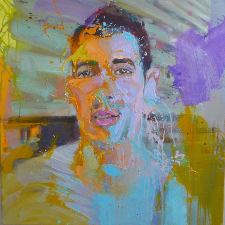 Valentin (2011) by French contemporary artist Christophe Dupety. Oil on canvas, 80 x 80 cm.
In this series of portraits, the subject is placed in the centre of the composition, the eyes staring back at the spectator. The background is of an abstract
