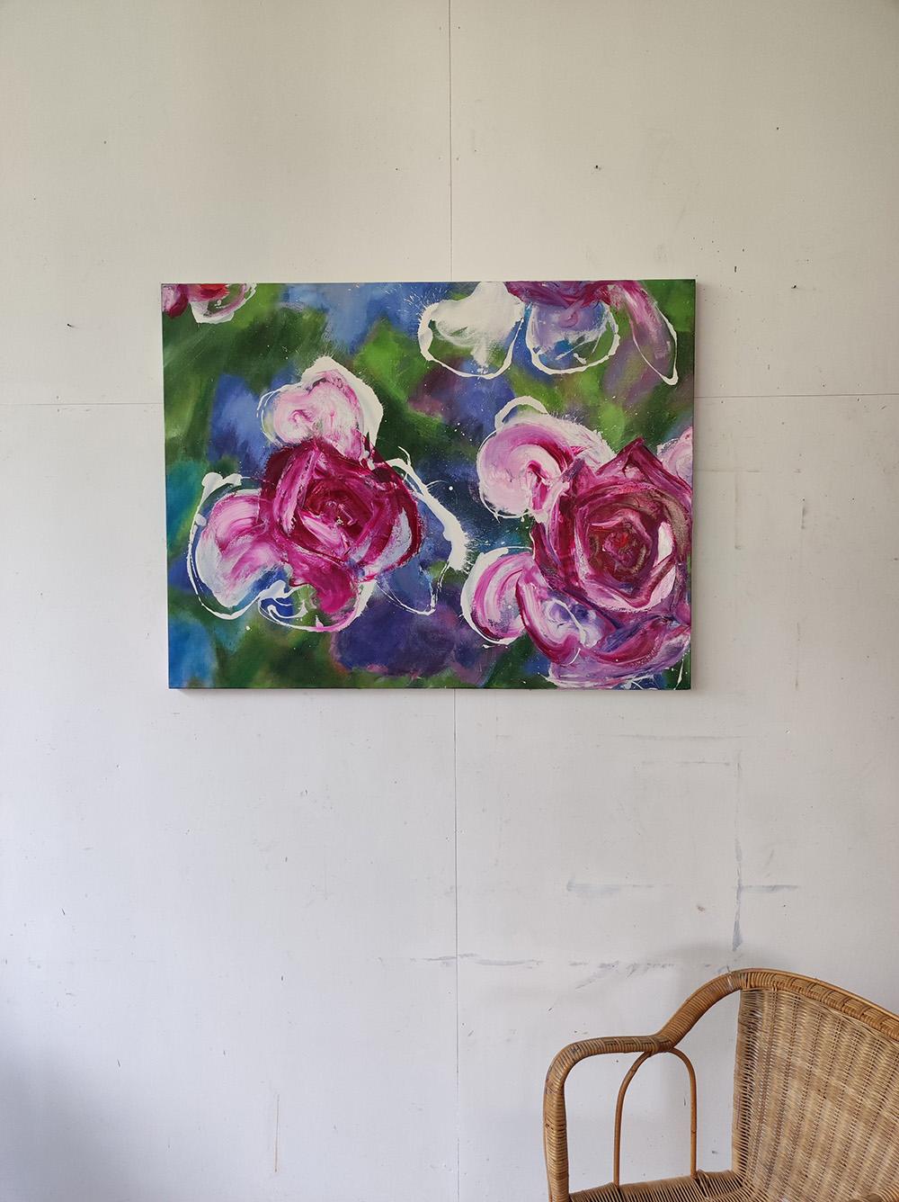 Water Roses by Christophe Dupety - Contemporary painting, flora, bright colours For Sale 1