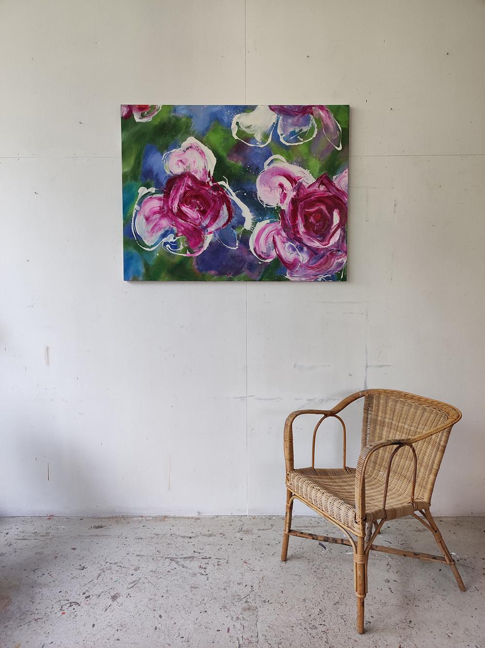 Water Roses by Christophe Dupety - Contemporary painting, flora, bright colours For Sale 2