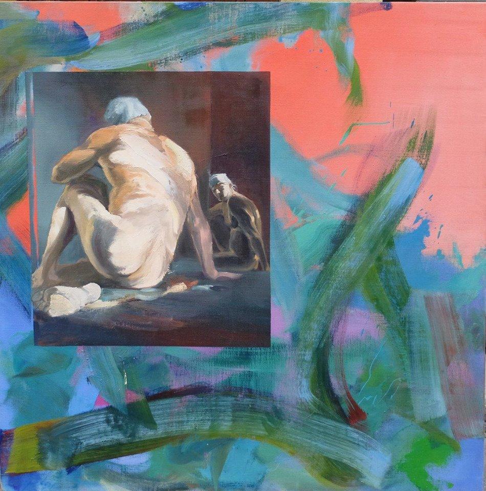 Wild (2015) by French contemporary artist Christophe Dupety. Oil on canvas, 100 x 100 cm.
In this series simply entitled "Nus" (nudes), the artist is superimposing and juxtaposing two images. On one hand a brightly colored painting, of abstract