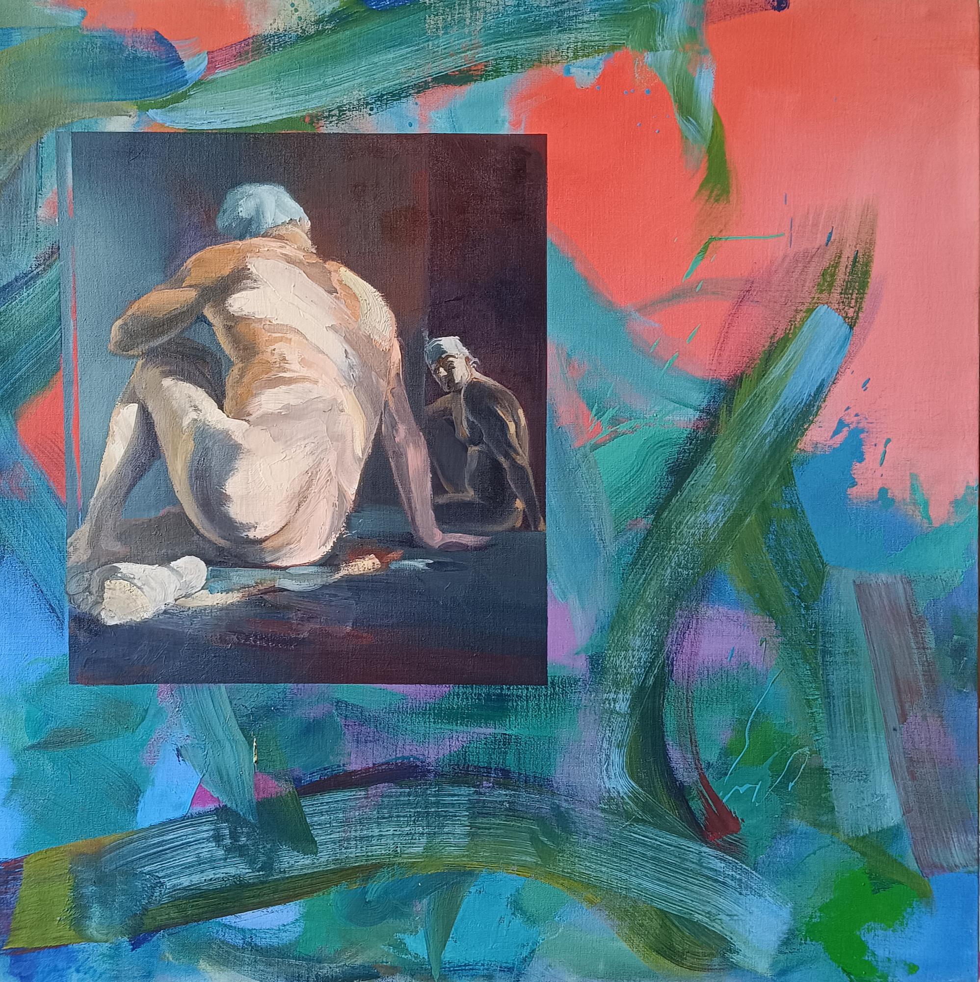 Wild (2015) des französischen zeitgenössischen Künstlers Christophe Dupety. Öl auf Leinwand, 100 x 100 cm.
In dieser Serie mit dem einfachen Titel "Nus" (Akte) stellt der Künstler zwei Bilder übereinander und nebeneinander. Auf der einen Seite eine