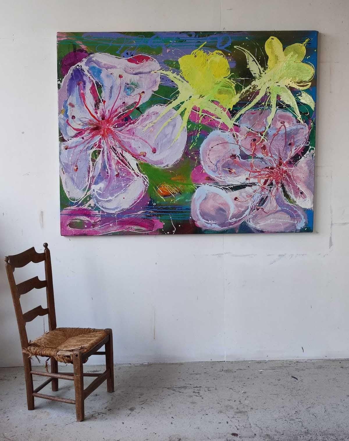 Zig et Puce by Christophe Dupety - Contemporary painting, pink flowers, vivid For Sale 1
