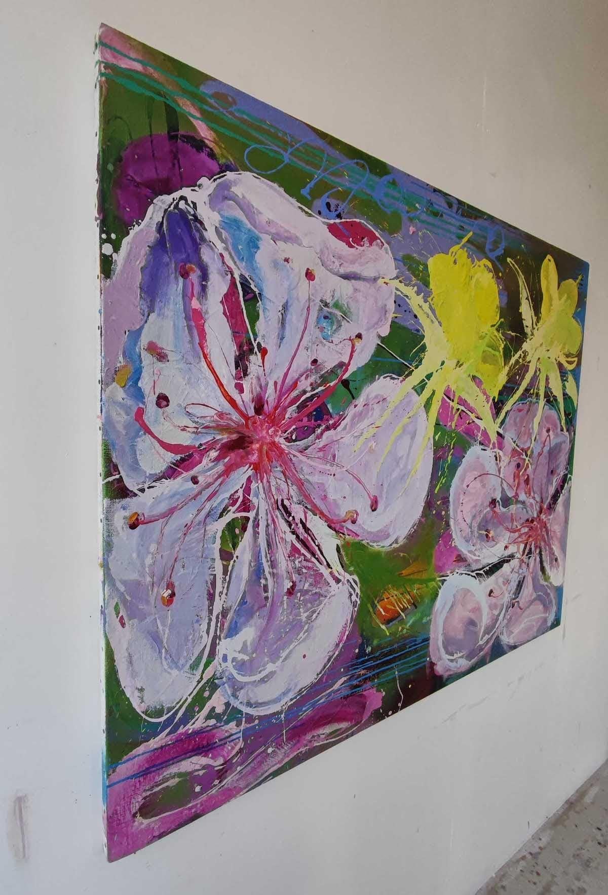 Zig et Puce by Christophe Dupety - Contemporary painting, pink flowers, vivid For Sale 2