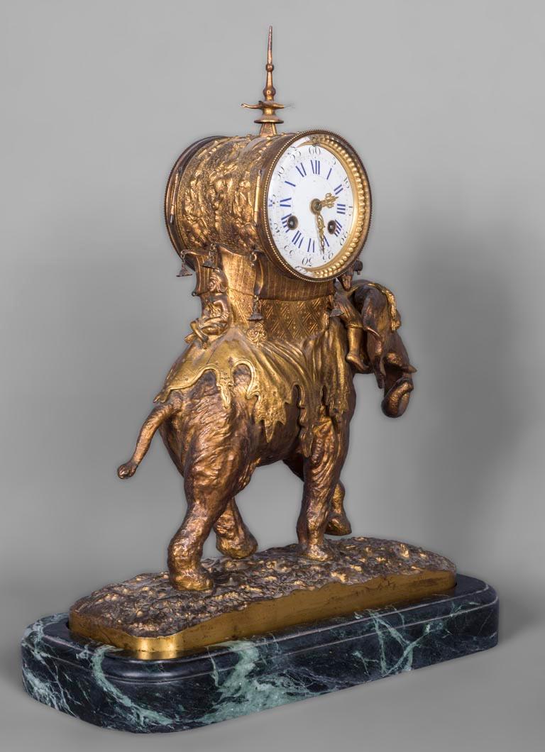 Napoleon III Christophe FRATIN (1801-1864) rare Asian elephant clock, in gilded and patinated For Sale