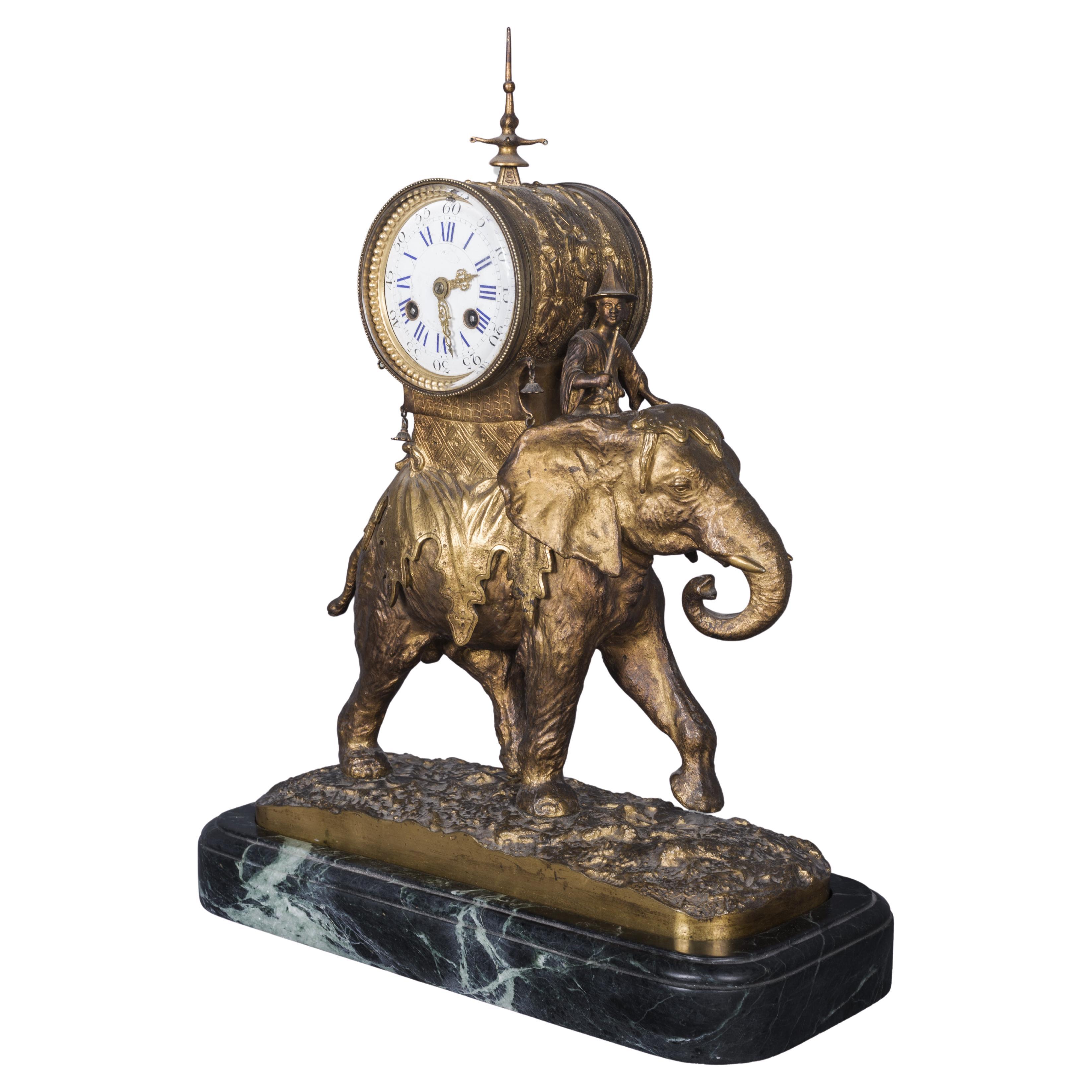 Christophe FRATIN (1801-1864) rare Asian elephant clock, in gilded and patinated For Sale