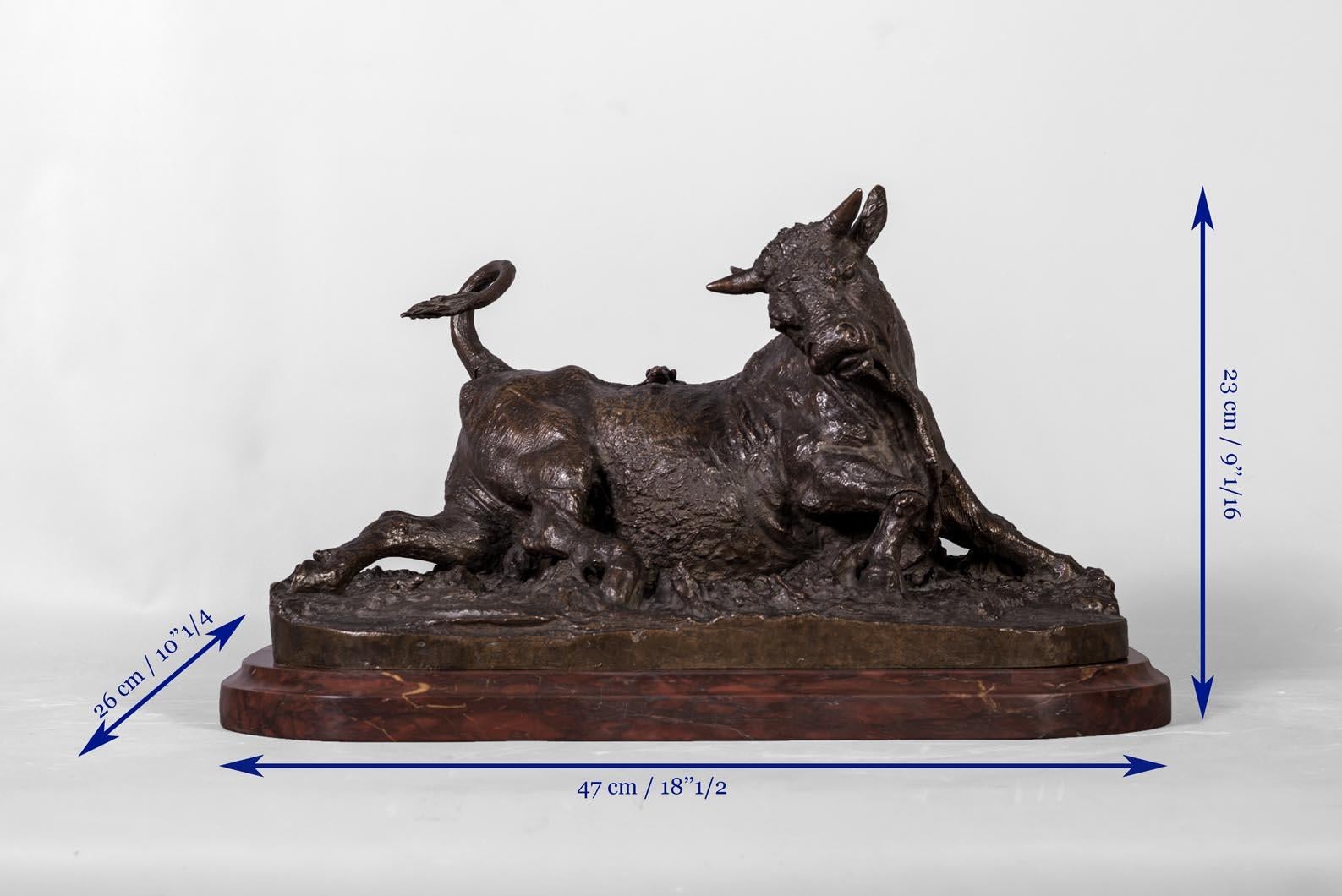 Between 1839 and 1849 (?)
Chef-modèle made out of patinated bronze, base in Rouge Griotte marble.
Signed « Fratin », « Fonderie de L. Richard Eyck et Durand » engraved on the base.
Dimensions : L. 47 cm / 18’’ 1/2 ; H. 23 cm / 9’’ 1/16 ; P. 26 cm /