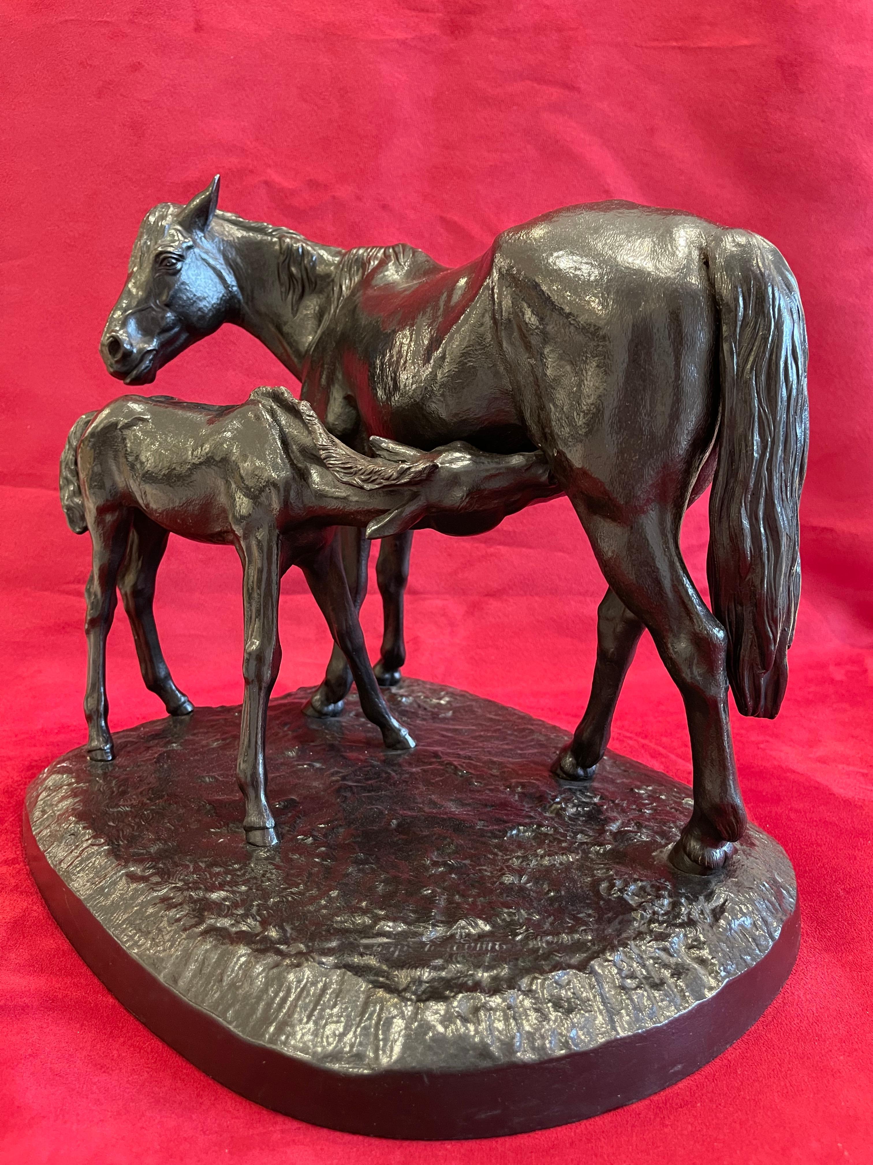 Cast Iron statue signed « Fratin » on the terrace representing a mare and her foal. 
Perfection condition.
Weight - 9,5kg
Artist - Christophe Fratin (1801-1874), french animal sculptor.
 