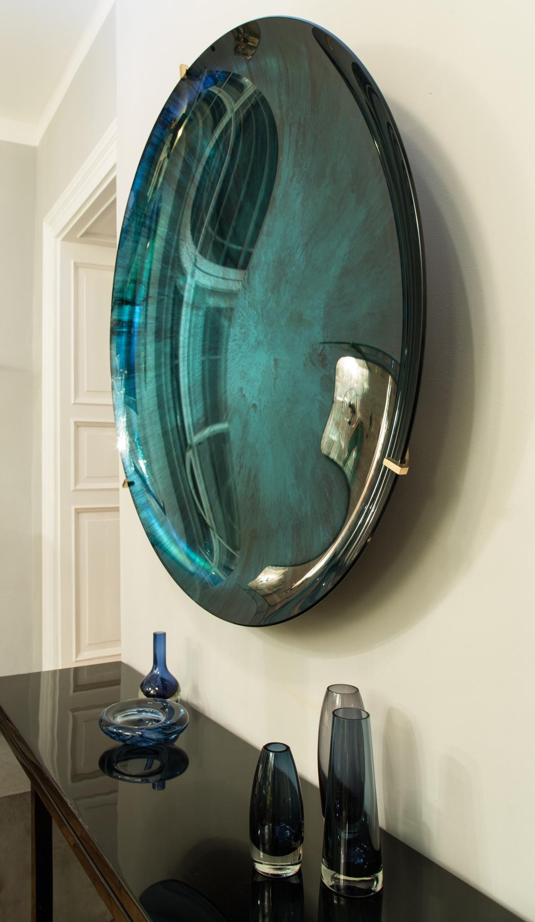Amazing large concave mirror object by Christophe Gaignon, France, 2017, unique piece, concave mirror glass bowl, blue and green reflections, brass mount suspension, signed on the backside, diameter 108 cm, depth 15 cm. Perfect condition.
 