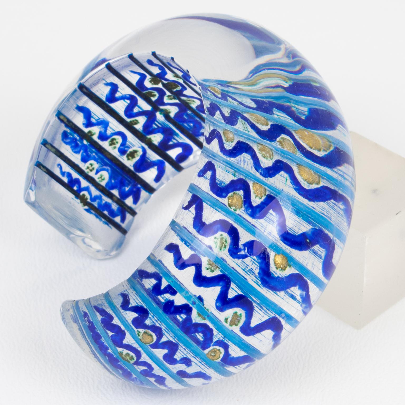 Christophe Gallard Massive Lucite Bracelet with Blue and Gold Decor In Excellent Condition For Sale In Atlanta, GA