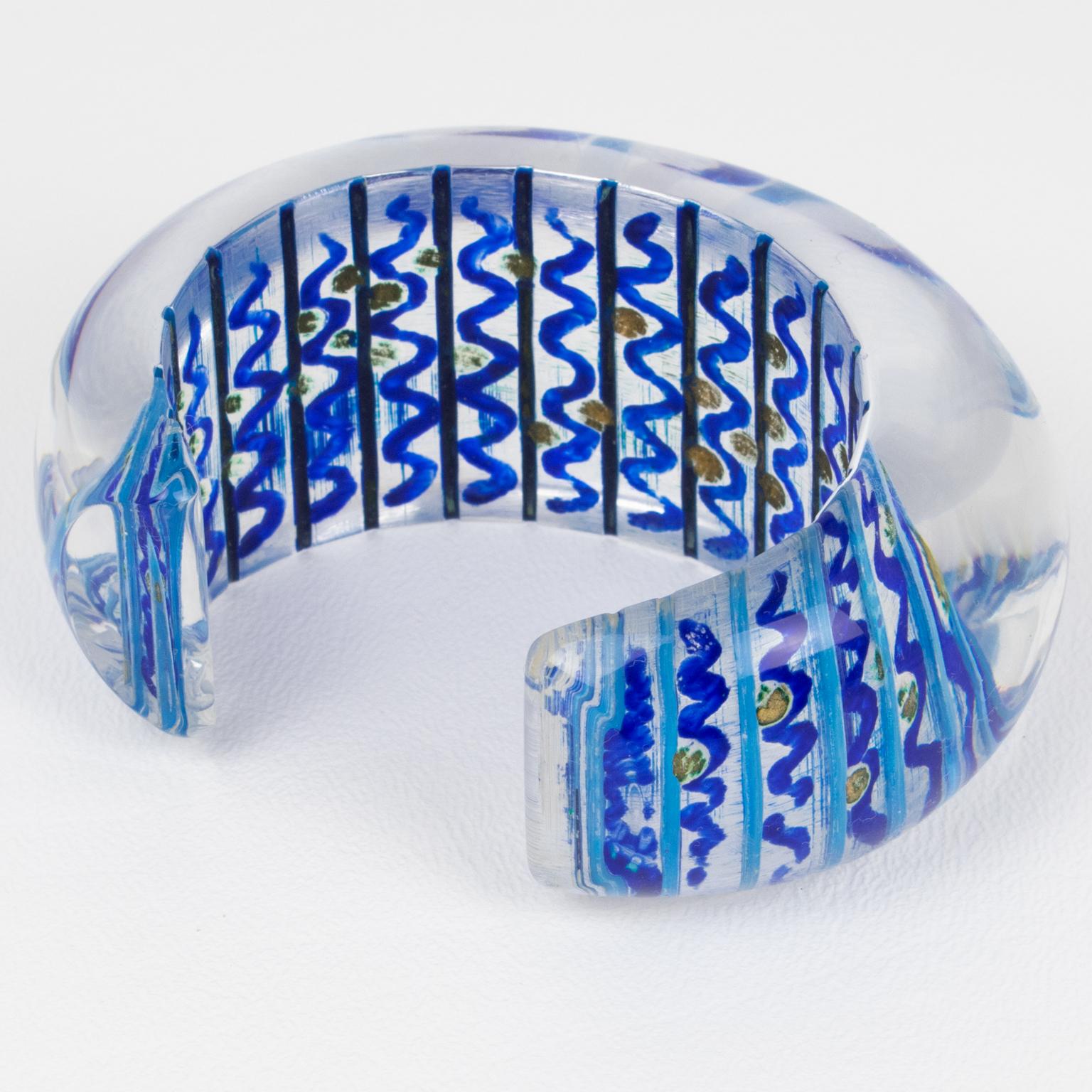 Women's or Men's Christophe Gallard Massive Lucite Bracelet with Blue and Gold Decor For Sale