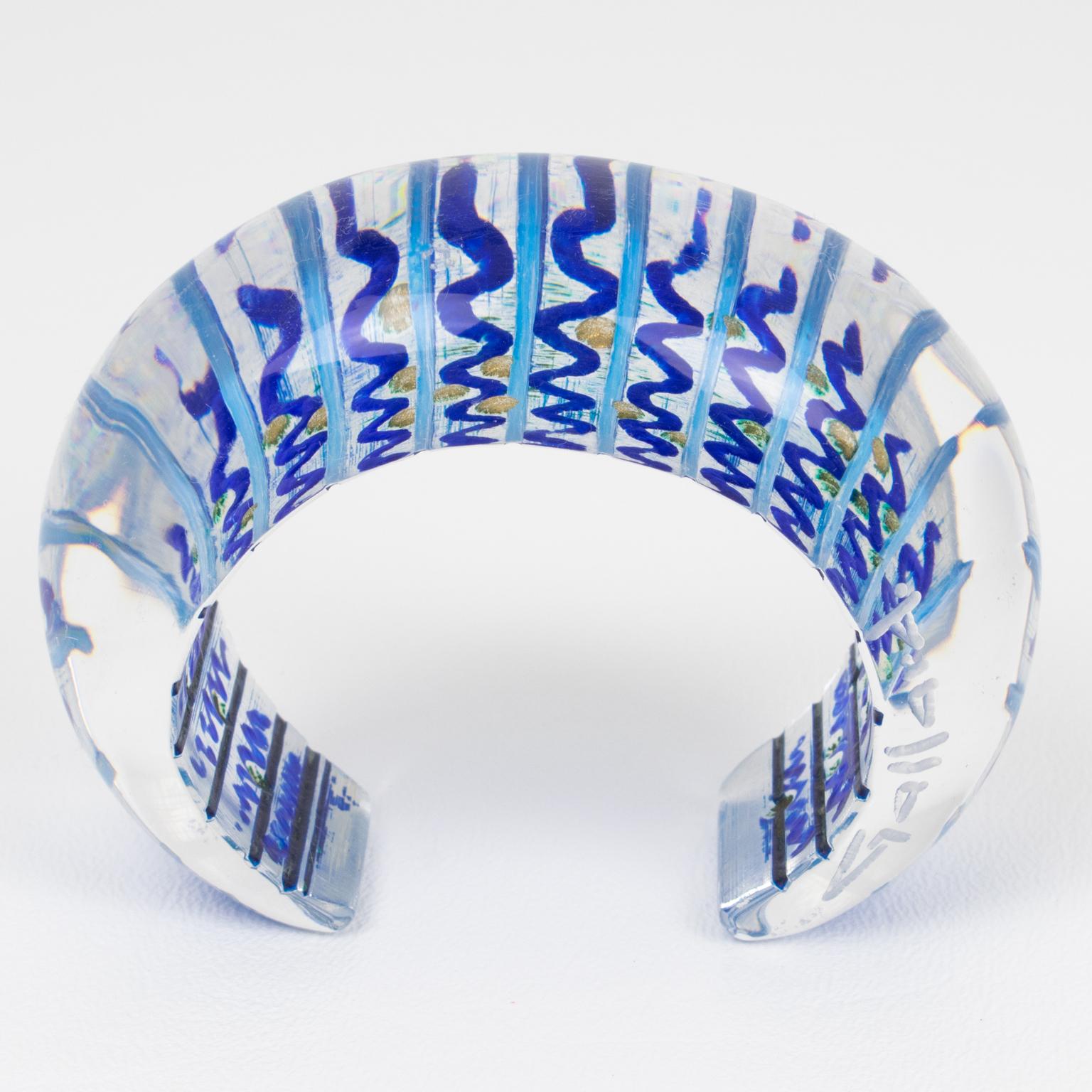 Christophe Gallard Massive Lucite Bracelet with Blue and Gold Decor For Sale 1