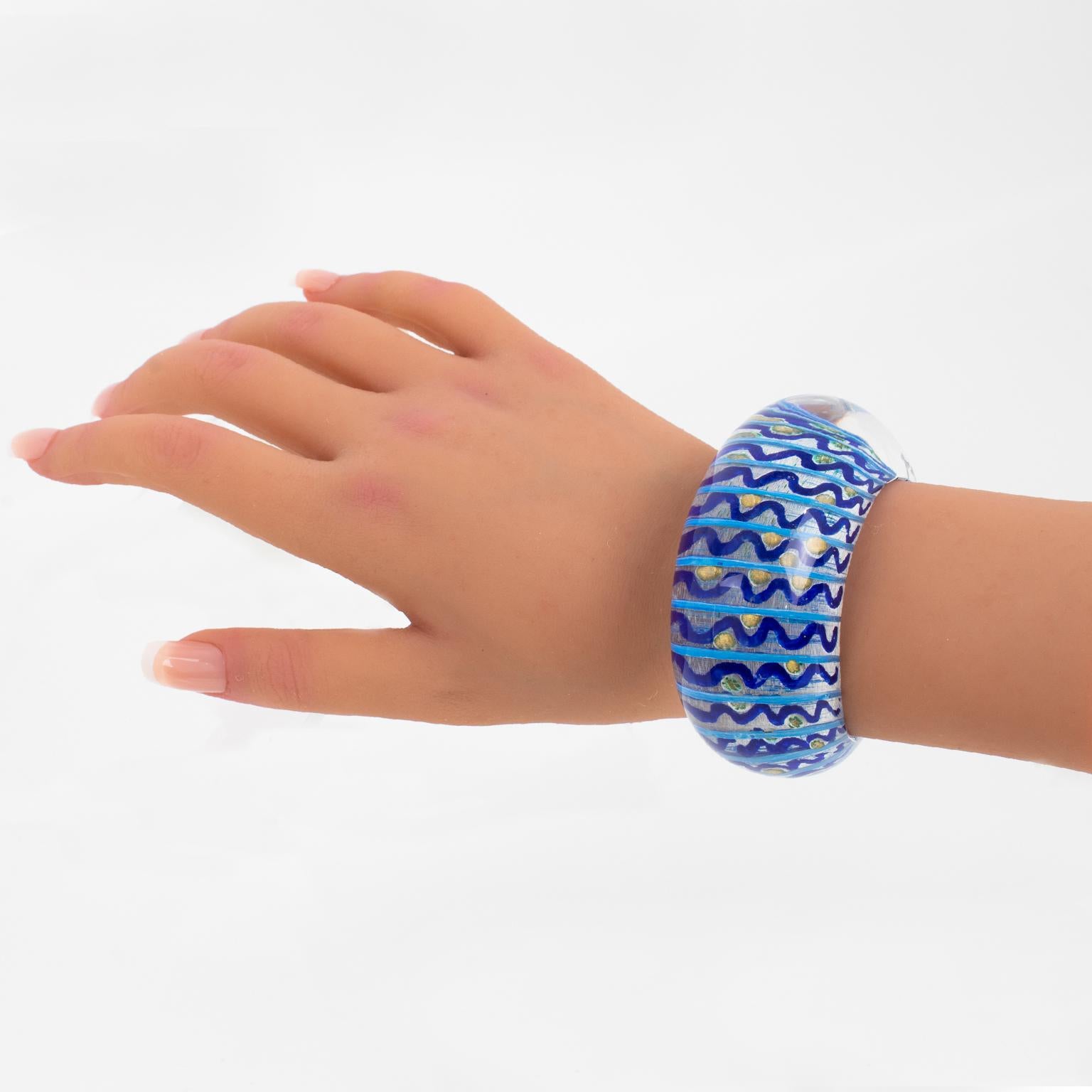 Christophe Gallard Massive Lucite Bracelet with Blue and Gold Decor For Sale 4