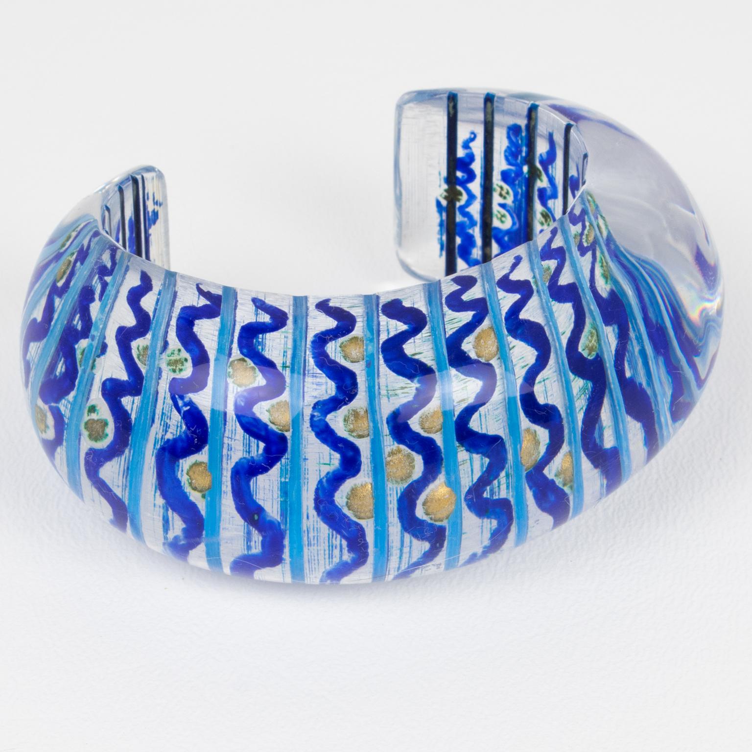 Modern Christophe Gallard Massive Lucite Cuff Bracelet with Blue and Gold Decor For Sale