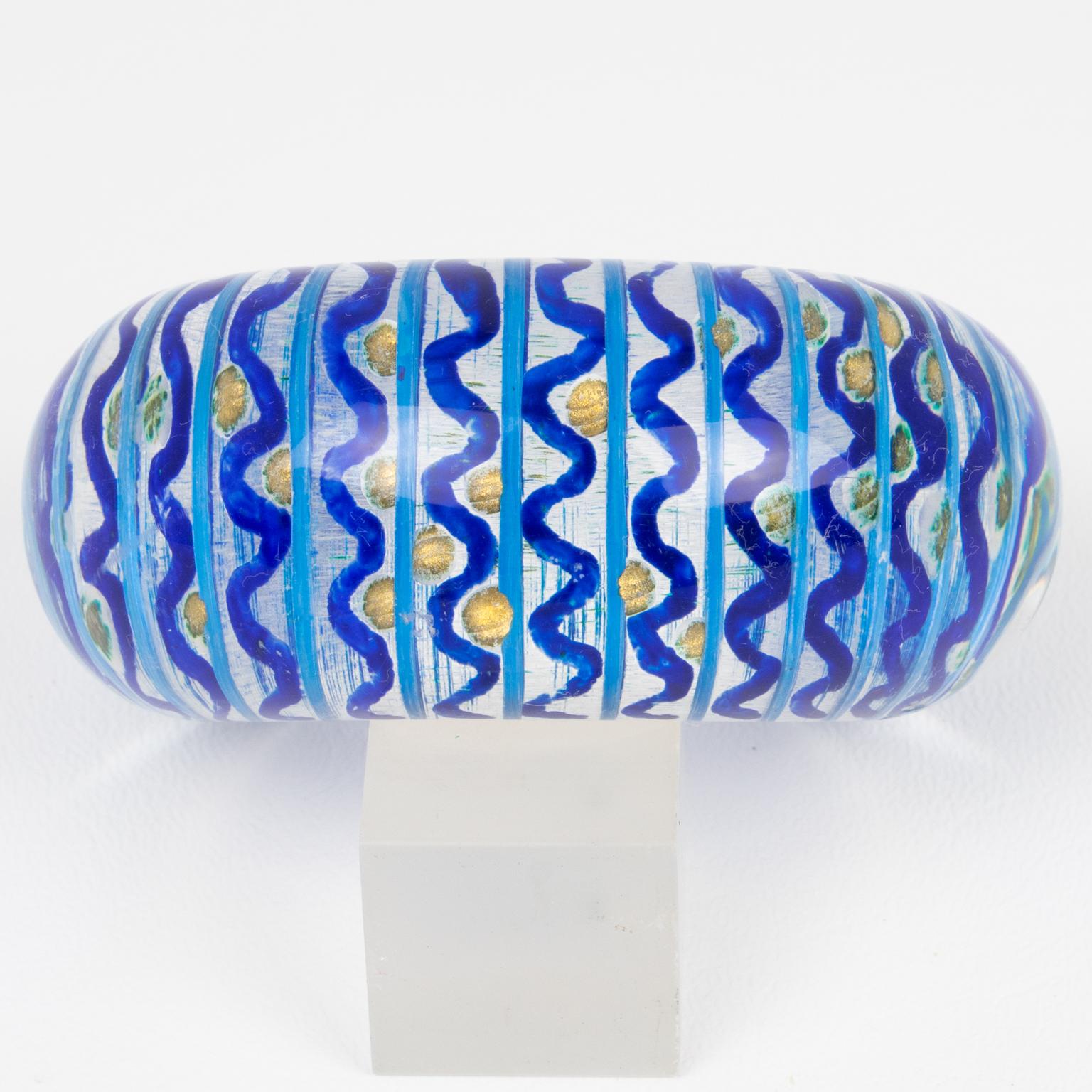 Christophe Gallard Massive Lucite Cuff Bracelet with Blue and Gold Decor For Sale 2