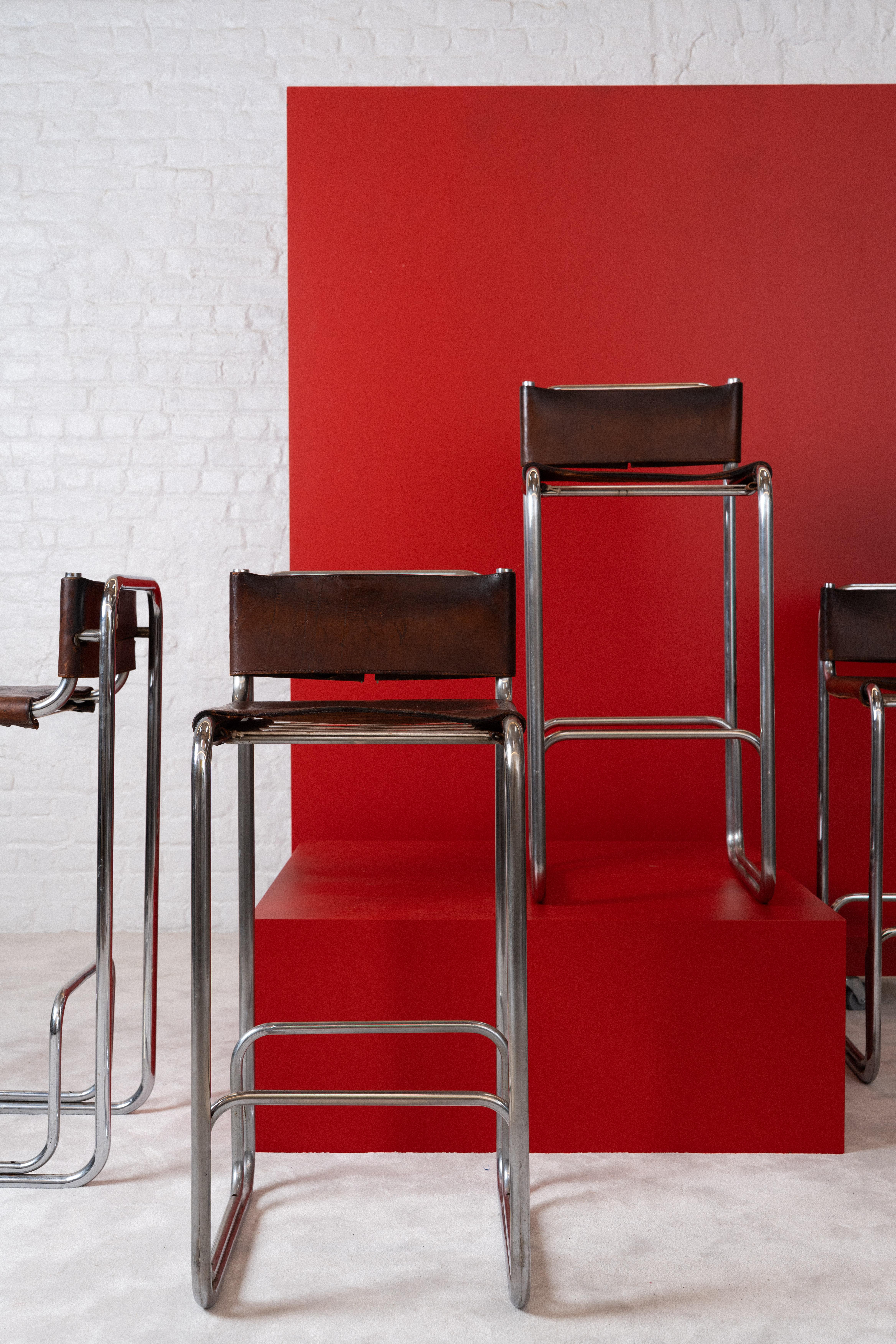 Barstools created in 1958 by Christophe Gevers for the restaurant Cap D’Argent in Brussels, situated next to the Musee des Beaux Arts.
Christophe Gevers was a famous Belgian interior architect. He worked on quite a number of private homes in Belgium