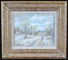 Vintage Winter Landscape - French Figure in a Snow Covered Landscape Oil Painting