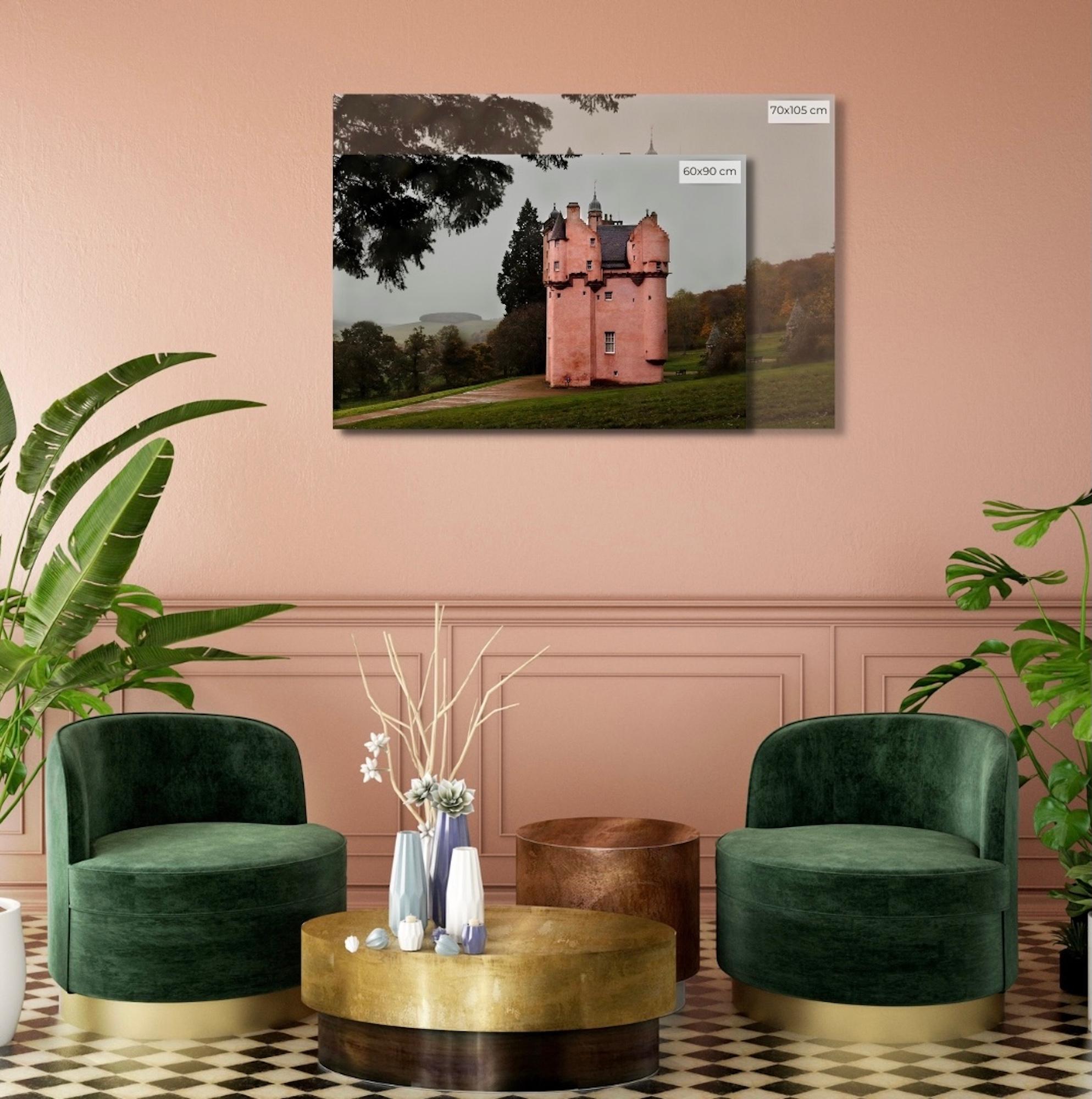 Pink Castle is a limited-edition photograph by French contemporary artist Christophe Jacrot. 
This photograph is part of the series ‘Wet Scotland’, in this image the protagonist is the castle of Cragievar in Scotland, baronial style, whose pink