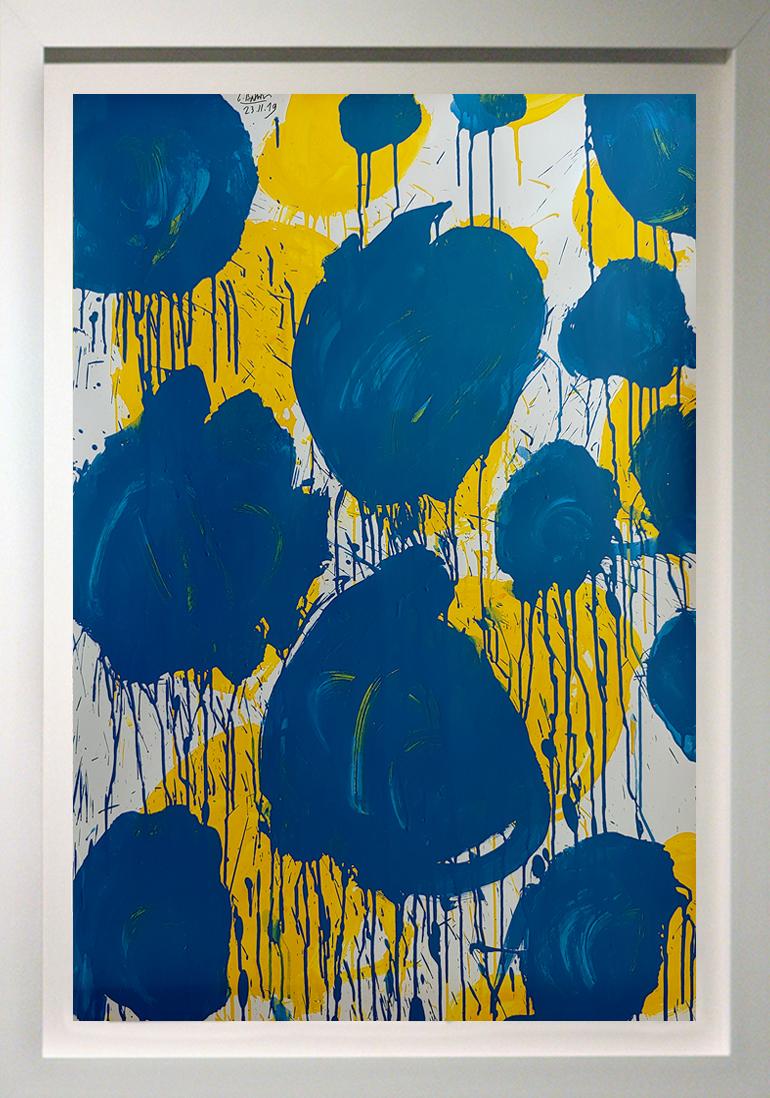 Christophe Abstract Painting - "Abstract Blue and Yellow Poppies"  53x37 framed