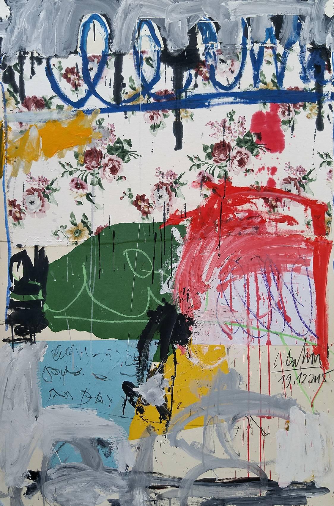 Christophe Abstract Painting - "Twombly Flowers in Springtime,  acrylic and collage 54x38" Framed under Plexi