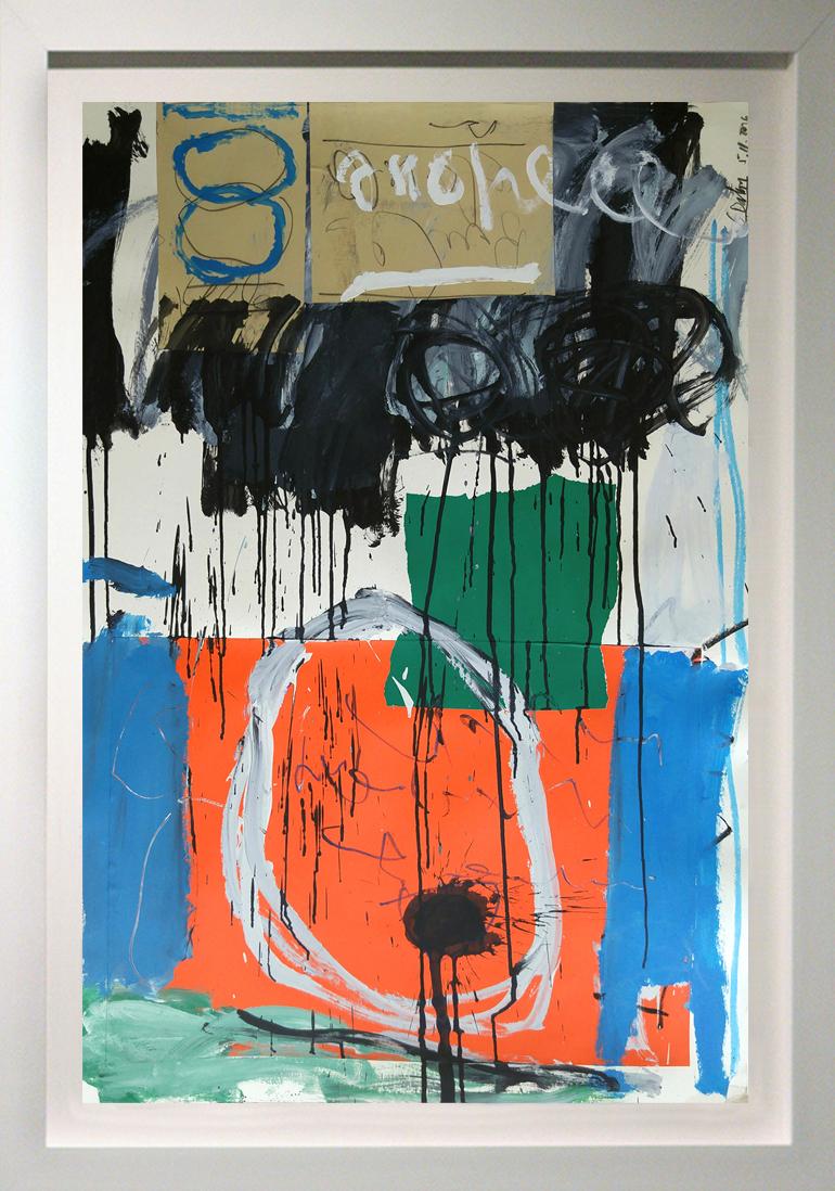 Abstract Painting di Christophe - Composizione astratta con arancione e blu, 54x38" incorniciato