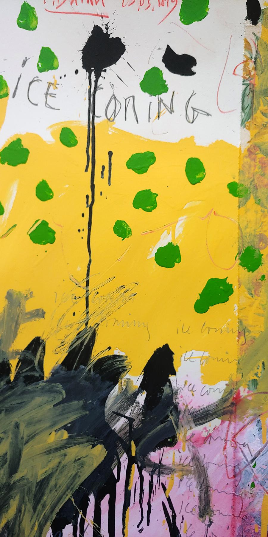 „Ice Coring“ Acryl, Ölstift, Stoff und Collage 54x38 gerahmt – Painting von Christophe