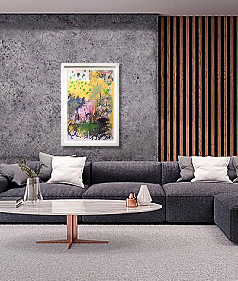 „Ice Coring“ Acryl, Ölstift, Stoff und Collage 54x38 gerahmt (Beige), Abstract Painting, von Christophe