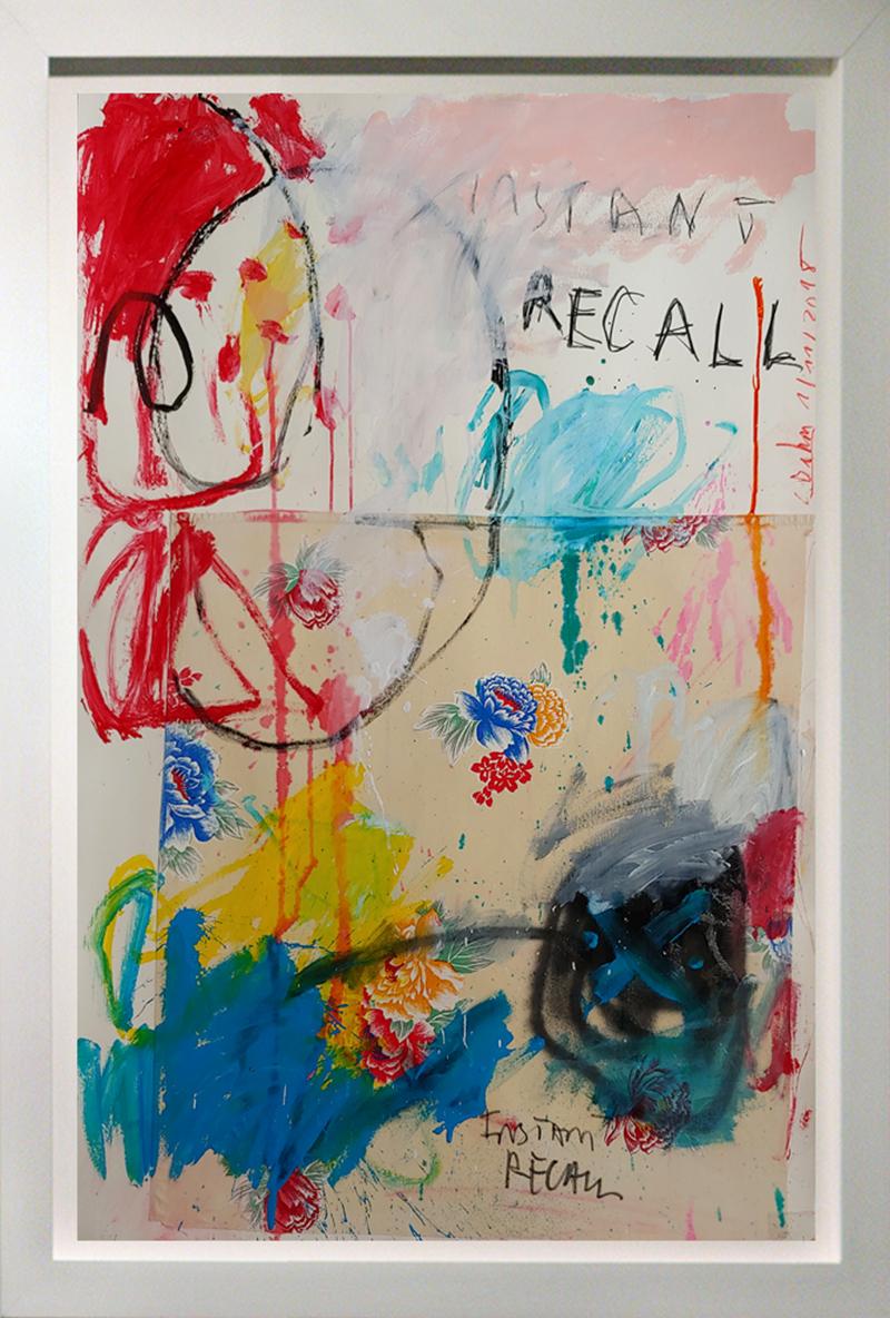 Instant Recall, acrylic, oil stick and fabric on board 52x36