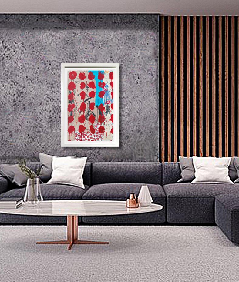 Acrylique, tissu et collage « Red Blossoms by the Sea »  53x37 - Abstrait Painting par Christophe