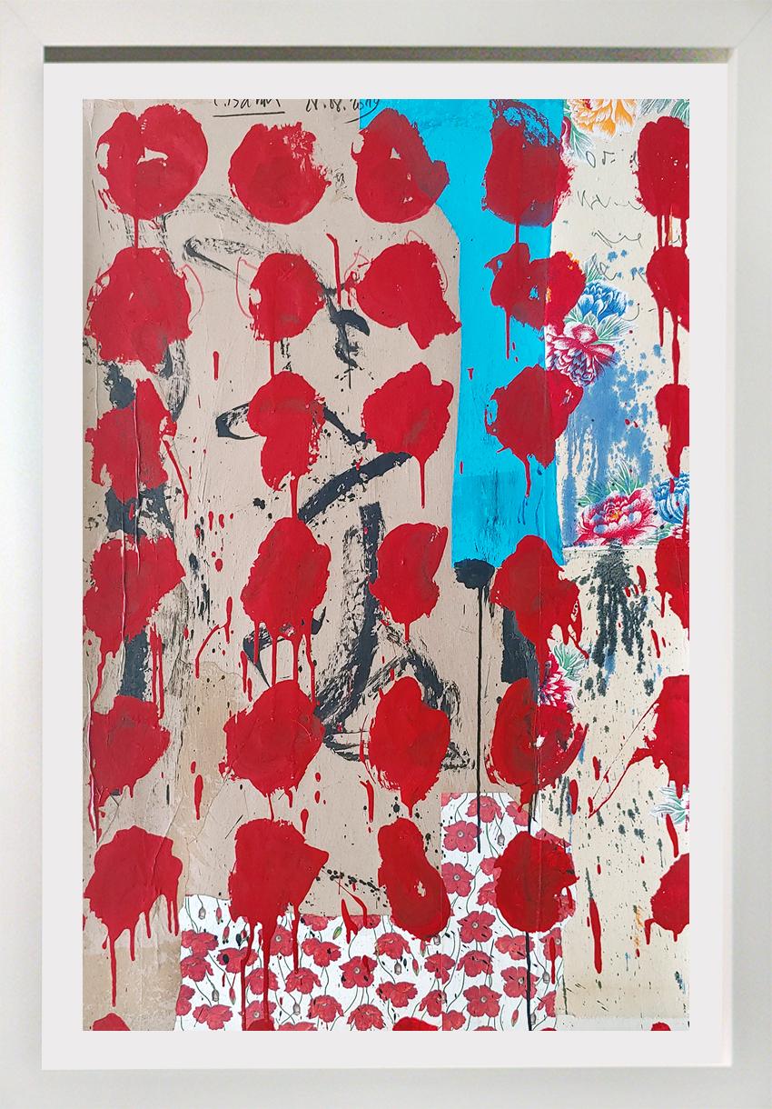 Christophe Abstract Painting - "Red Blossoms by the Sea" Acrylic, fabric, and collage  53x37