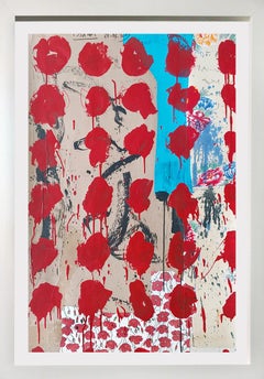 "Red Blossoms by the Sea" Acrylic, fabric, and collage  53x37