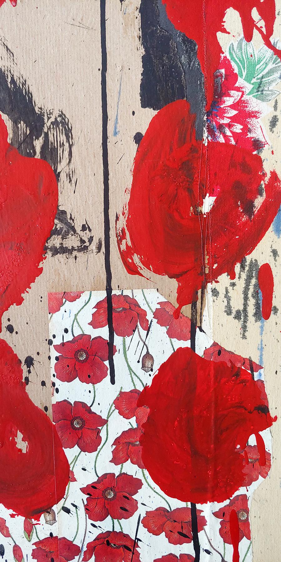 Acrylique, tissu et collage « Red Blossoms by the Sea »  53x37 en vente 1