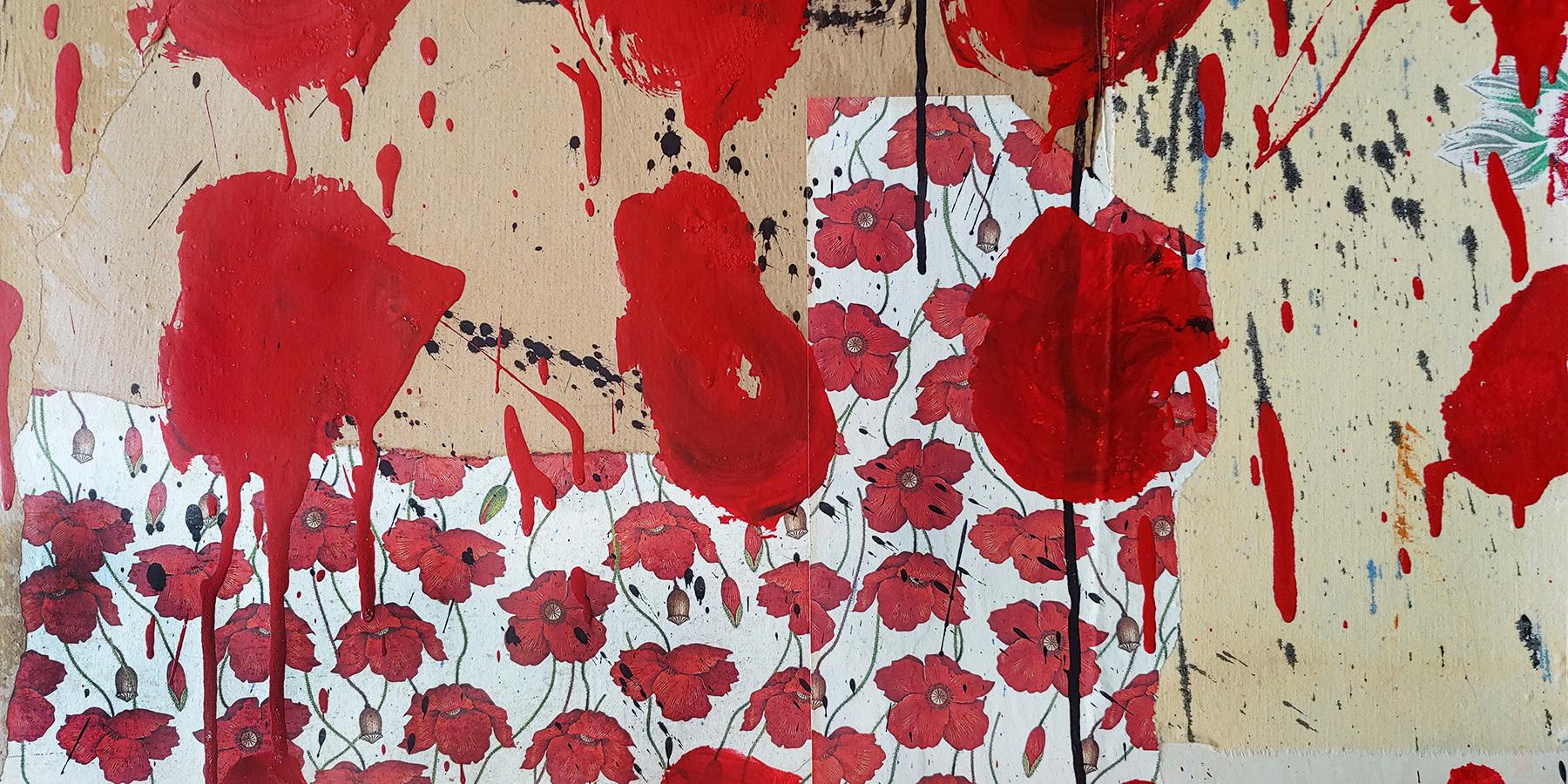 Acrylique, tissu et collage « Red Blossoms by the Sea »  53x37 en vente 2