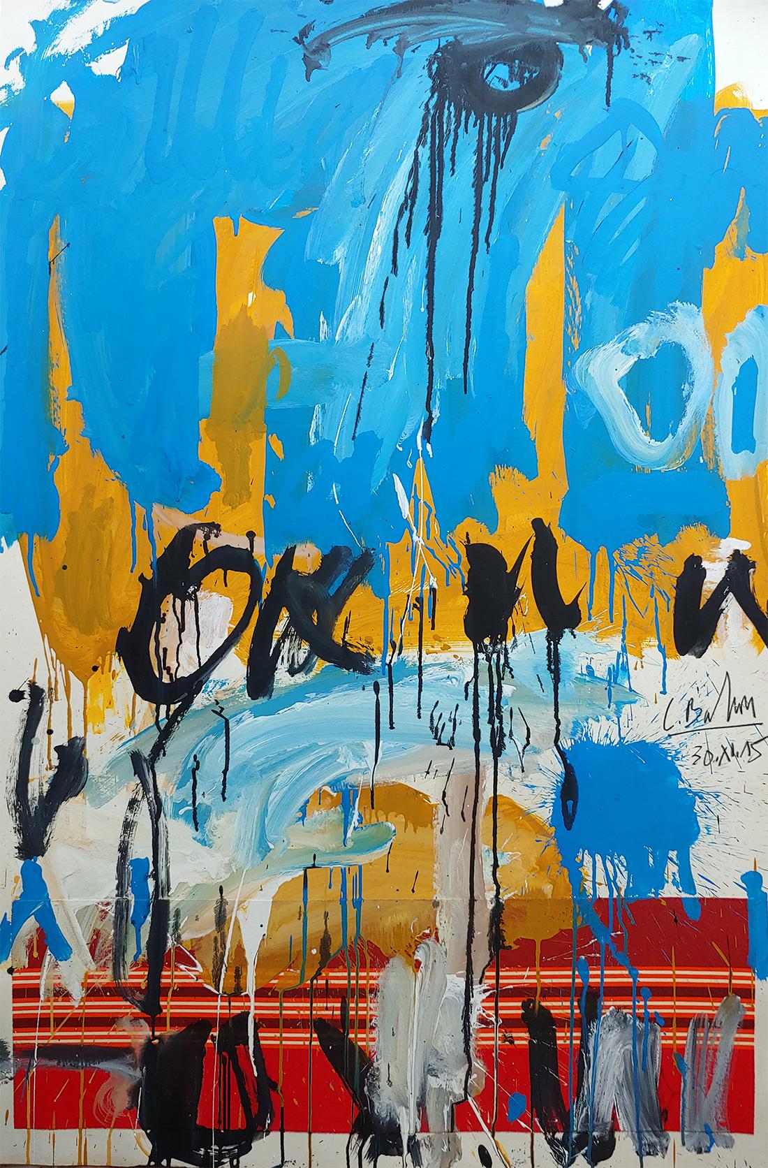 « Blue Sky Sunset », peinture acrylique et tissu encadré 52x36 - Painting de Christophe