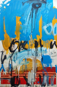 „Blauer Himmel-Sonnenuntergang“, Acrylfarbe und Stoff gerahmt 52x36, gerahmt